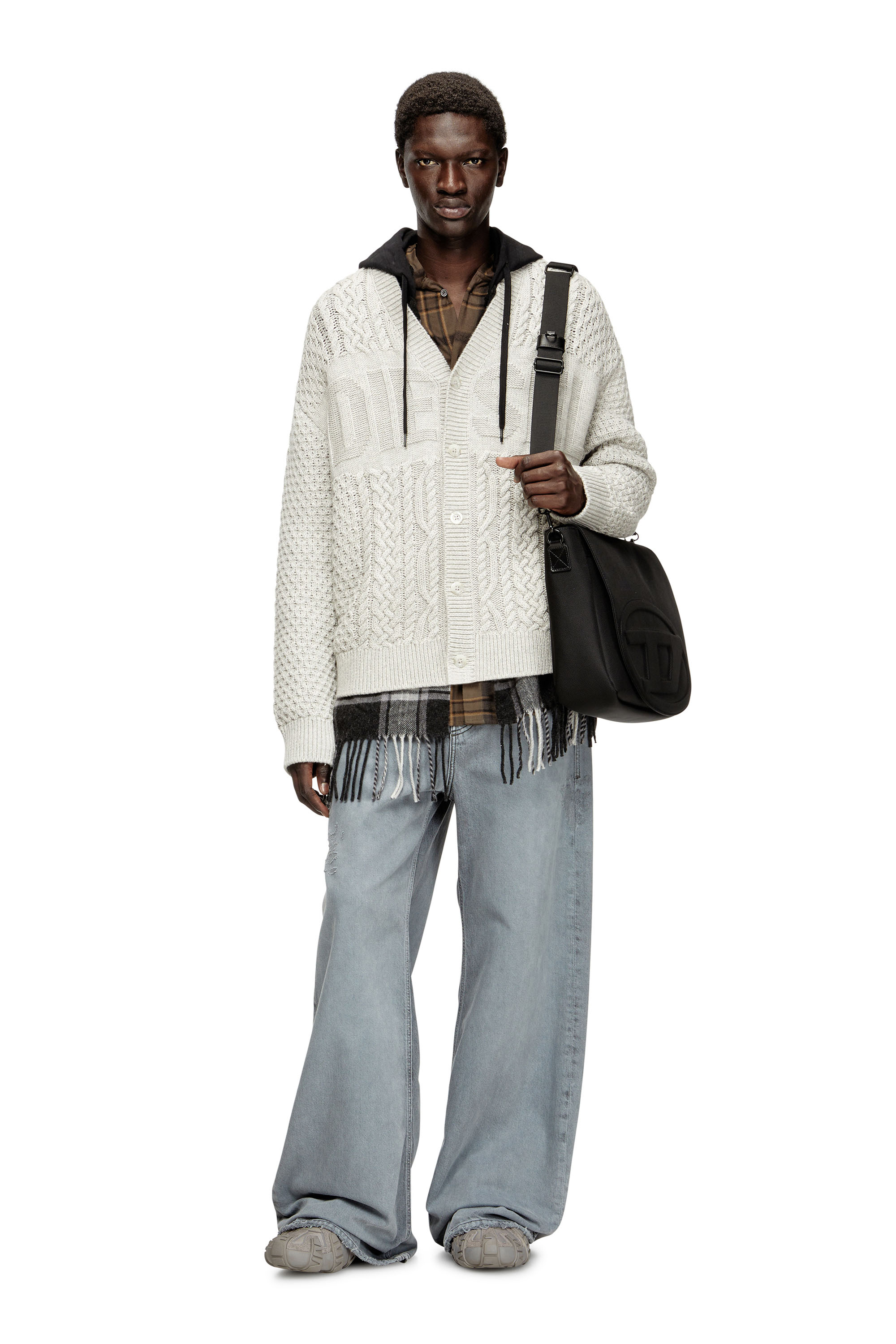 Diesel - K-ANTOINE, Man's Cable-knit cardigan with Diesel logo in Light Grey - 2
