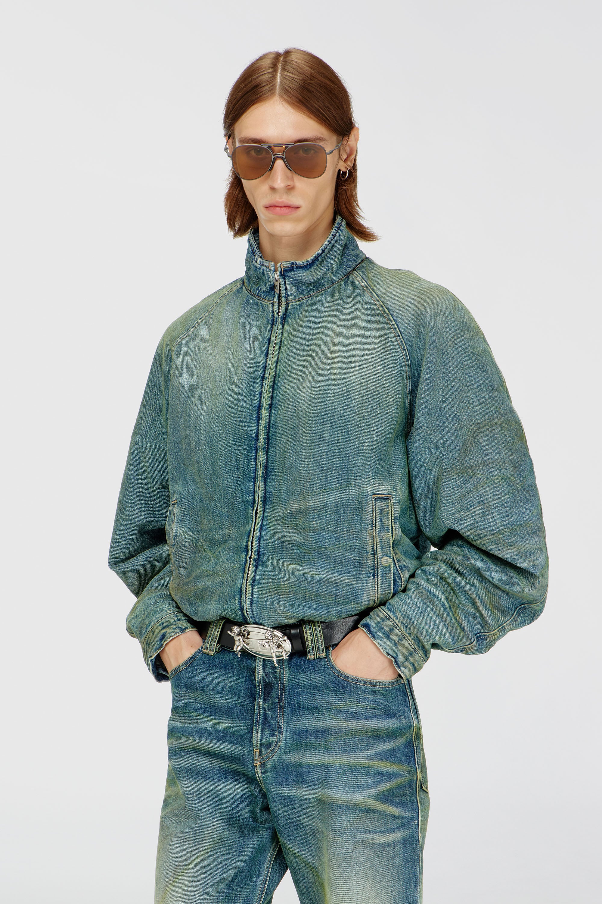 Diesel - Padded jacket in dirty-effect creased denim - Denim Jackets - Man - Blue
