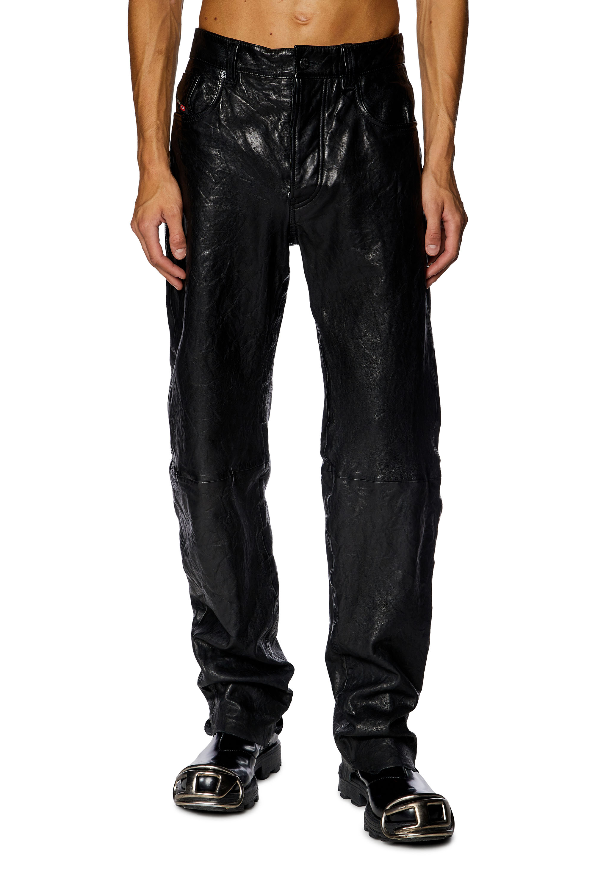 Diesel - Pantalon en cuir ciré texturé - Pantalons - Homme - Noir