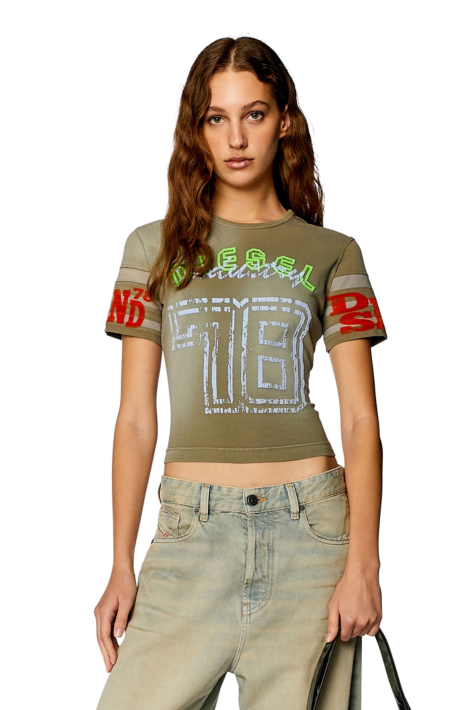 Diesel - T-shirt in treated jersey with flock prints - T-Shirts - Woman - Brown