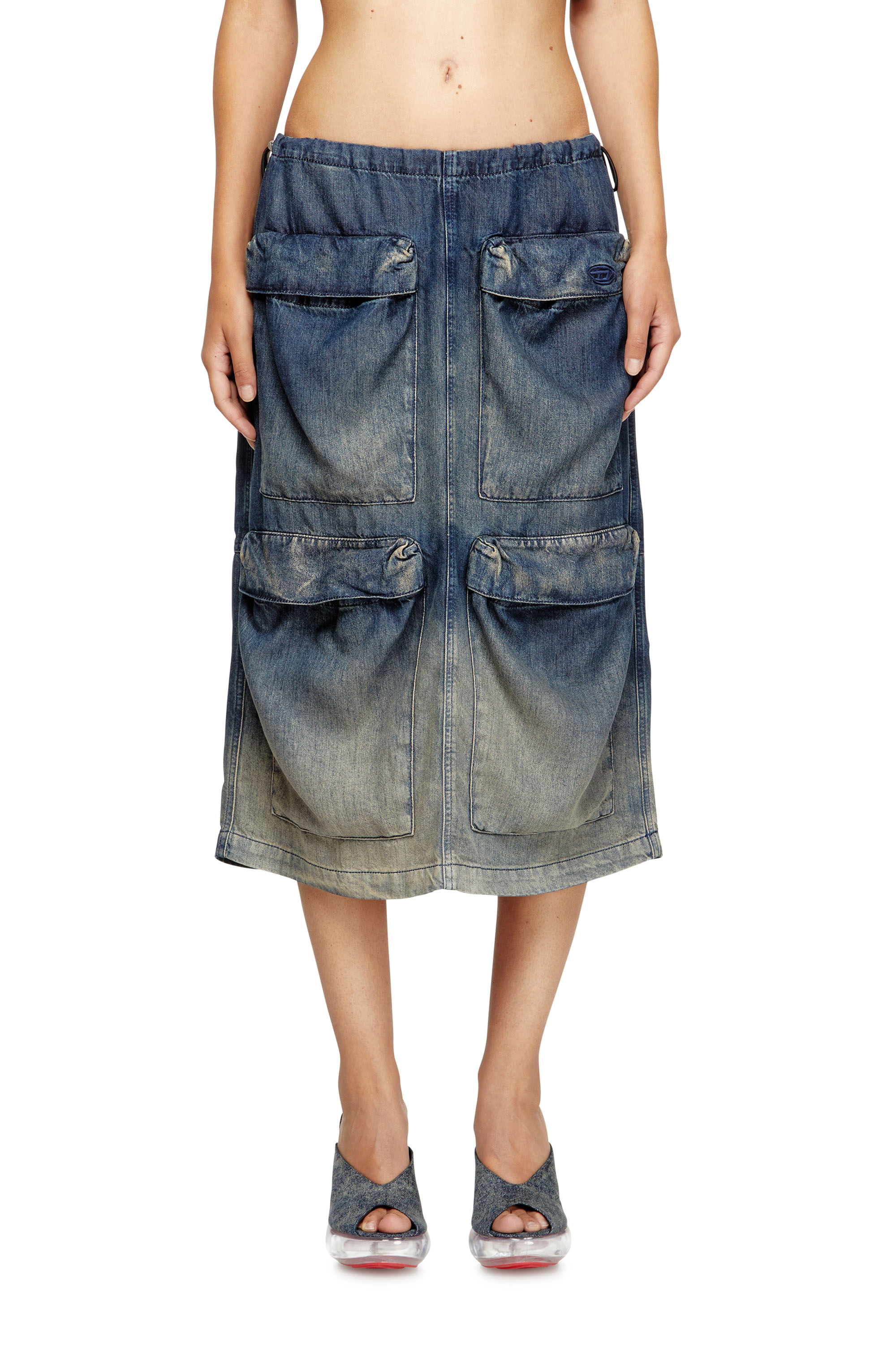 Diesel - DE-MEGI-S, Woman's Midi skirt in gradient fluid denim in Dark Blue - 1