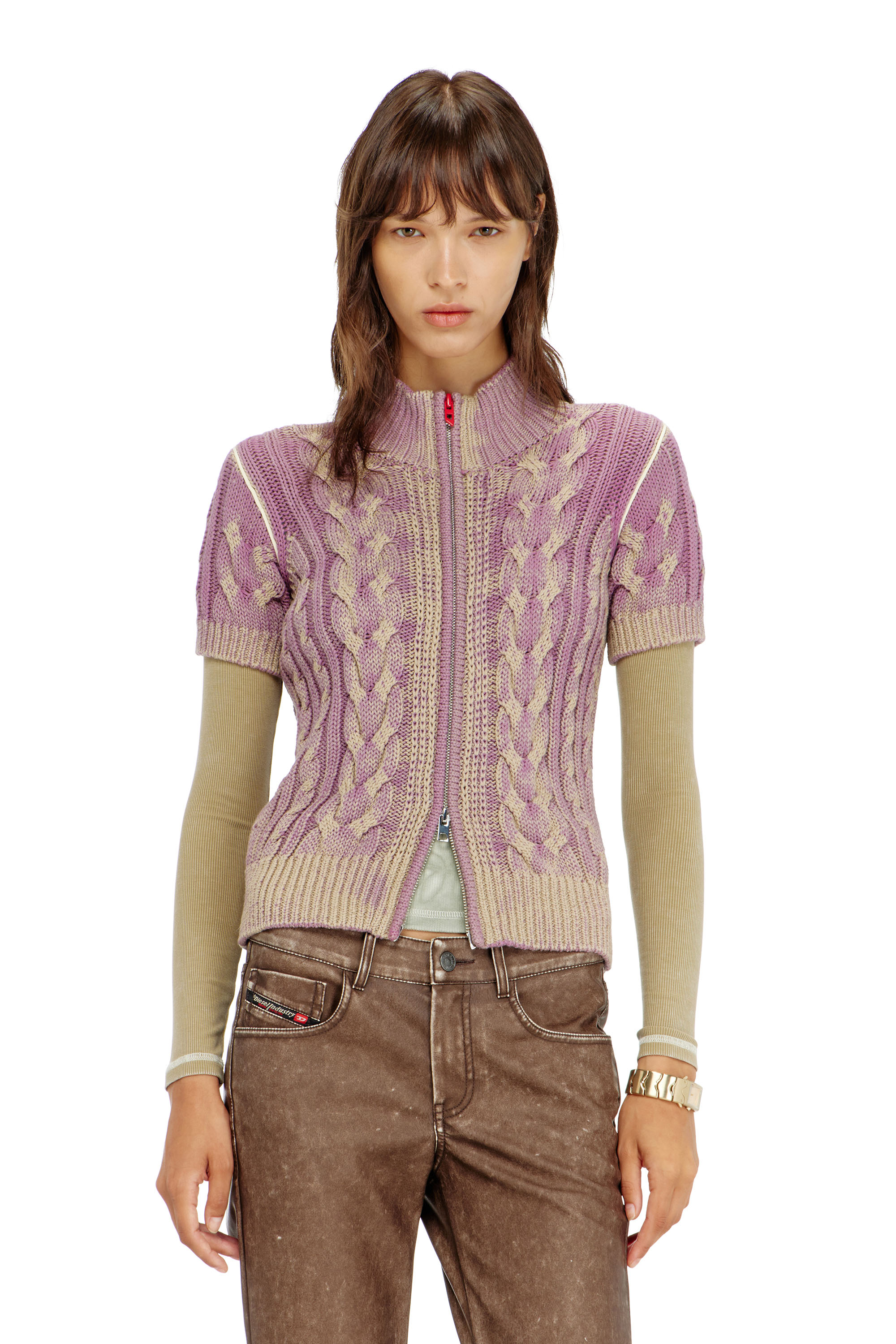 Diesel Women's Multicolor - Short-Sleeve Zip Cardigan In Cable Knit - Knitwear - Woman Large