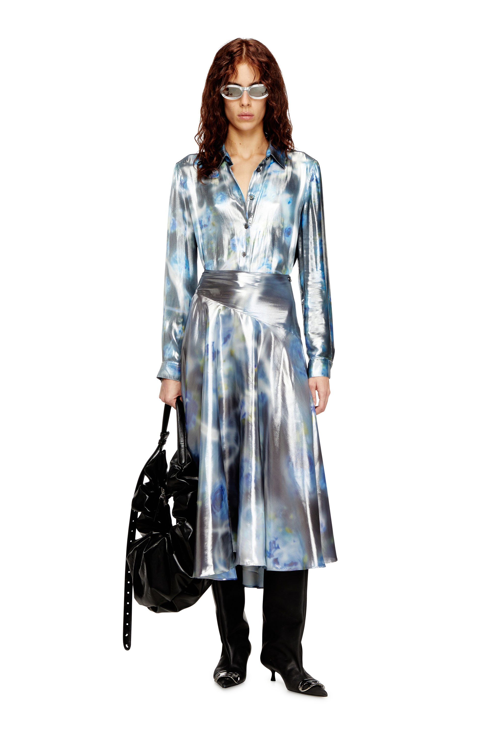 Diesel - O-ZULIE-S2, Woman's Metallic midi skirt with blurred rose print in Blue/Black - 2