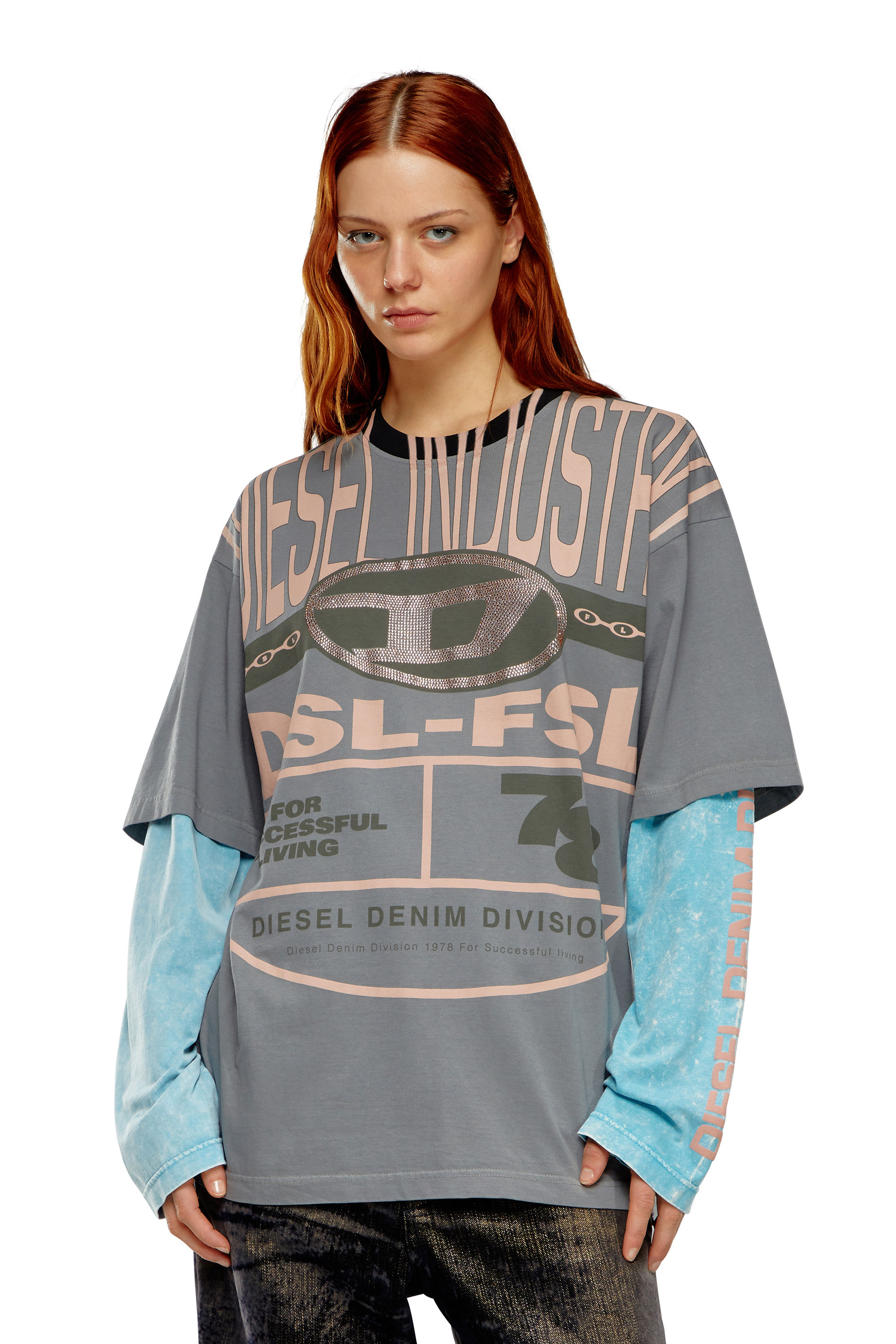 Diesel - Mehrlagiges T-Shirt mit Oval D aus Strass - T-Shirts - Damen - Bunt