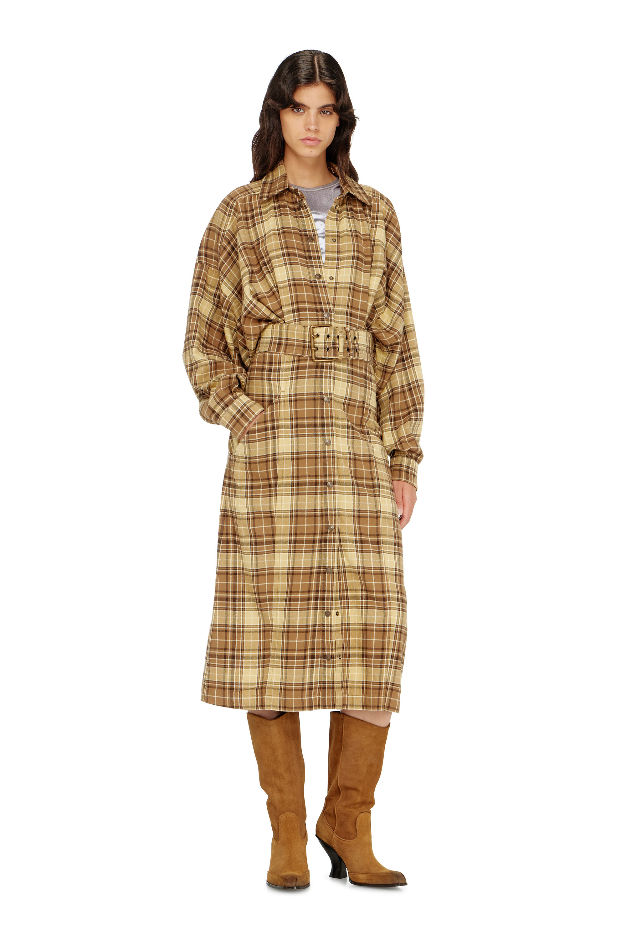 Diesel Damen Bunt - Midikleid Aus Kariertem Flanell Mit Breitem Gürtel - Kleider Größe 38