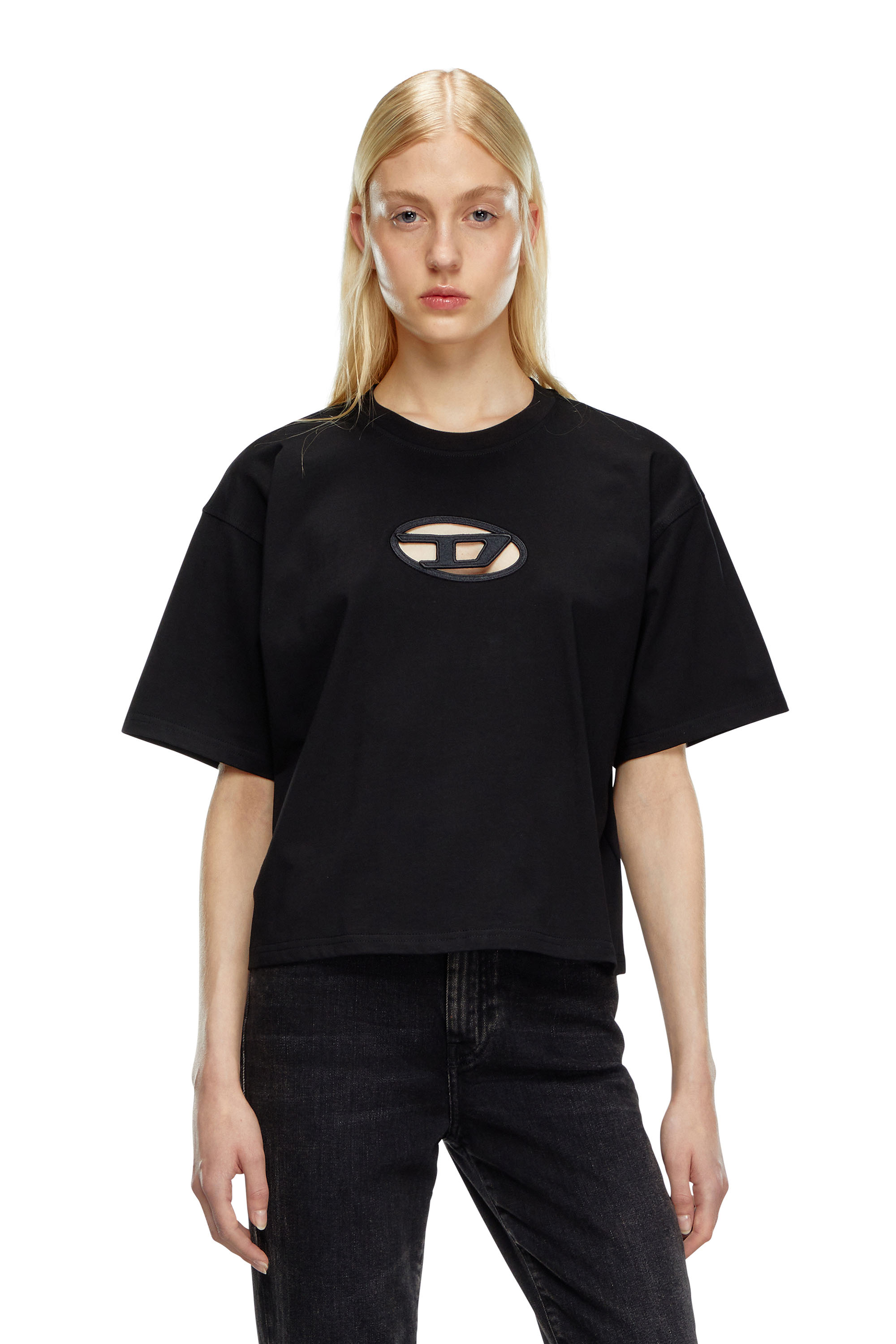 Diesel - Kastiges T-Shirt mit ausgeschnittenem Oval D-Logo - T-Shirts - Damen - Schwarz