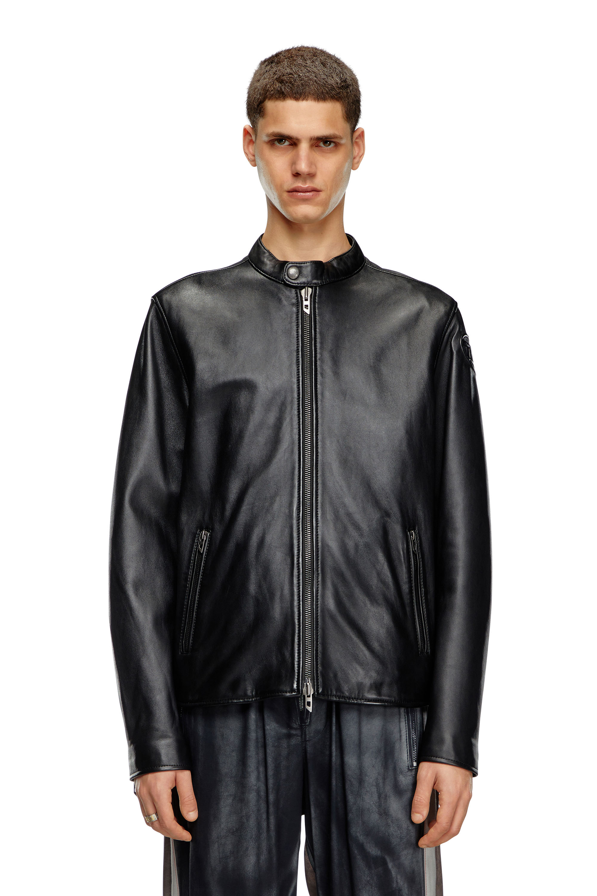 Diesel – Leather biker jacket with embossed logo – Leather jackets – Man – Black