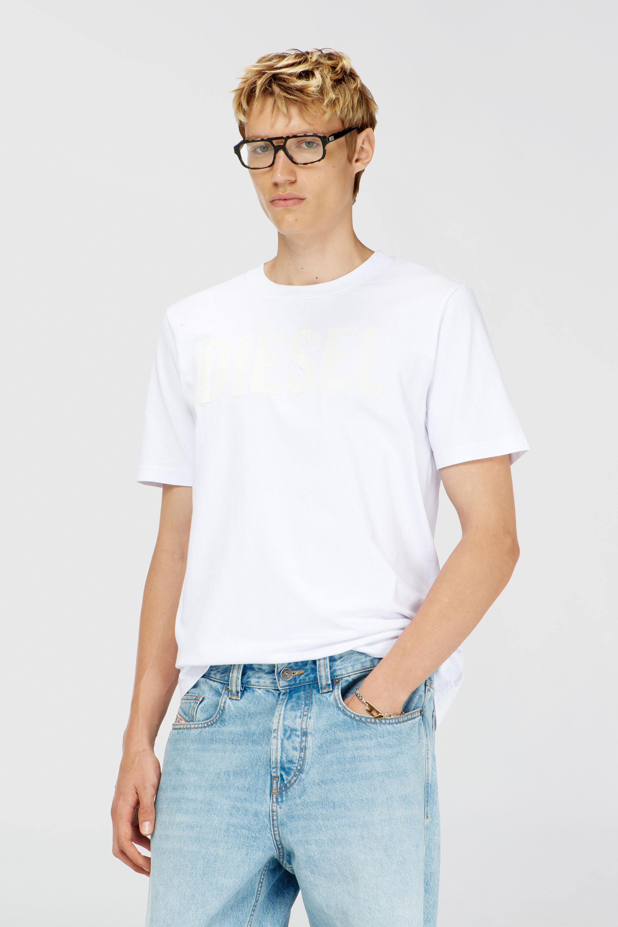 Diesel - Cotton T-shirt with tonal Diesel logo print - T-Shirts - Man - White
