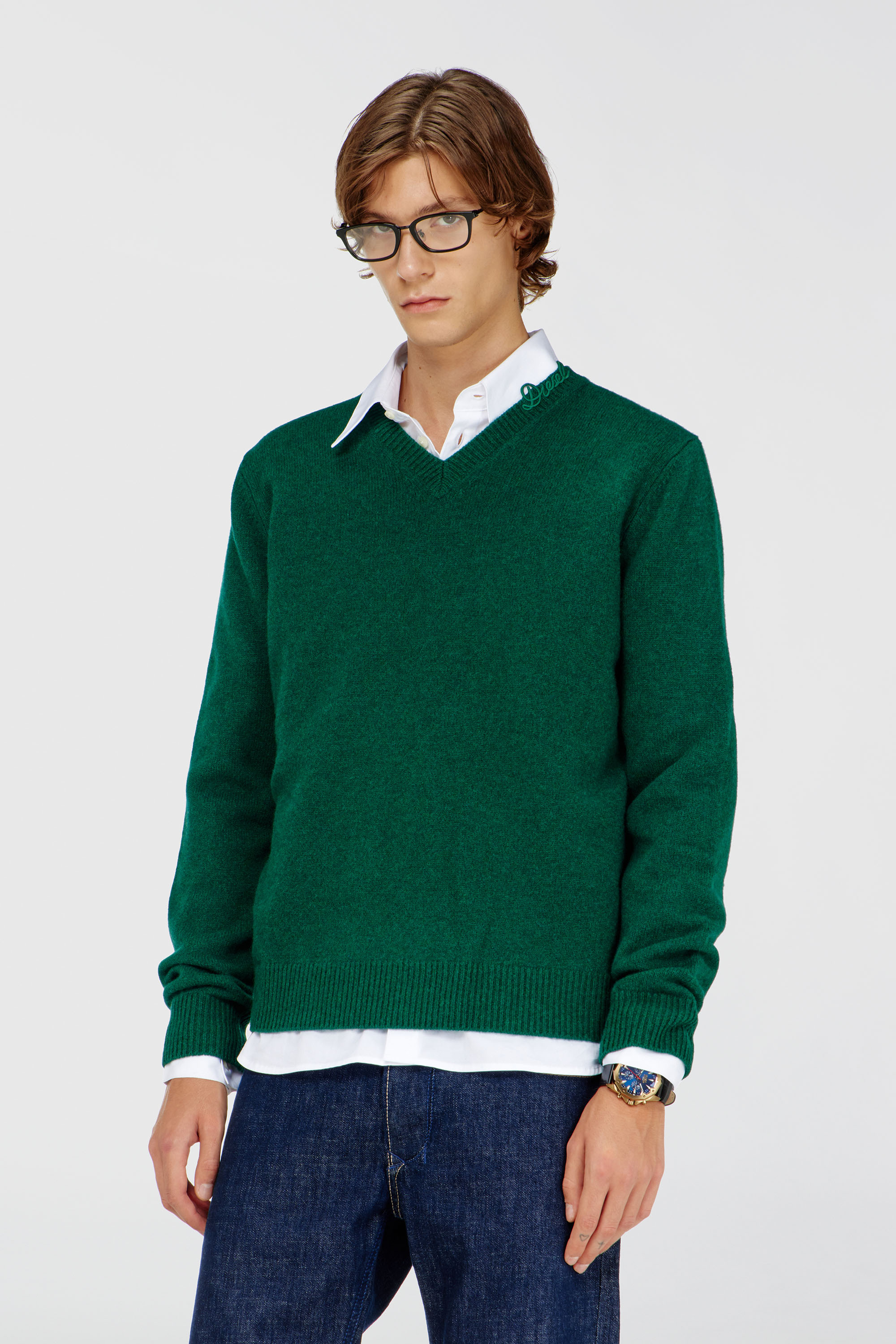 Diesel - Wool V-neck jumper with neck logo - Knitwear - Man - Green
