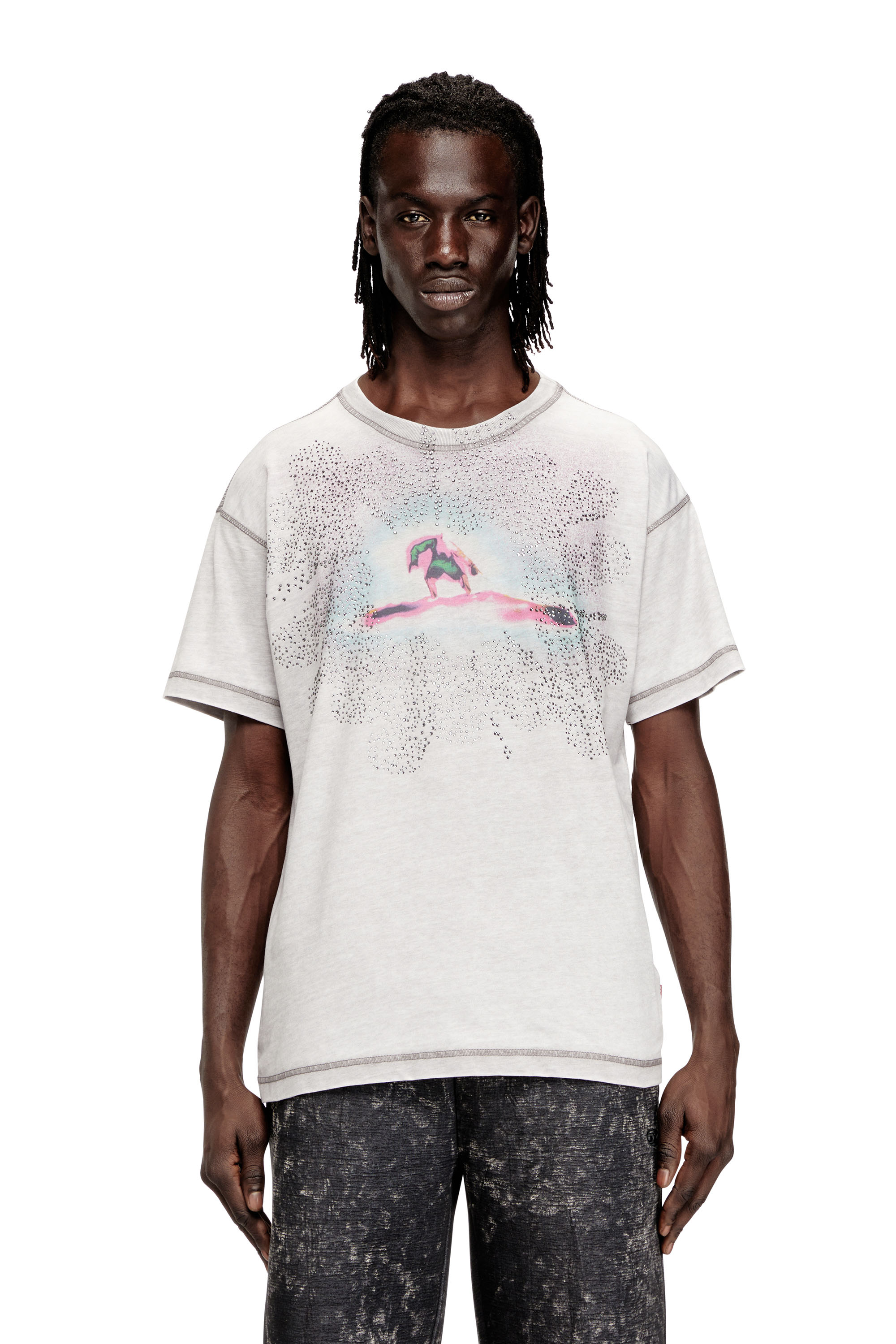 Diesel Mužský Šedý - Regular T-Shirt With Print And Studs - T-Shirts - Man Extra Veľký