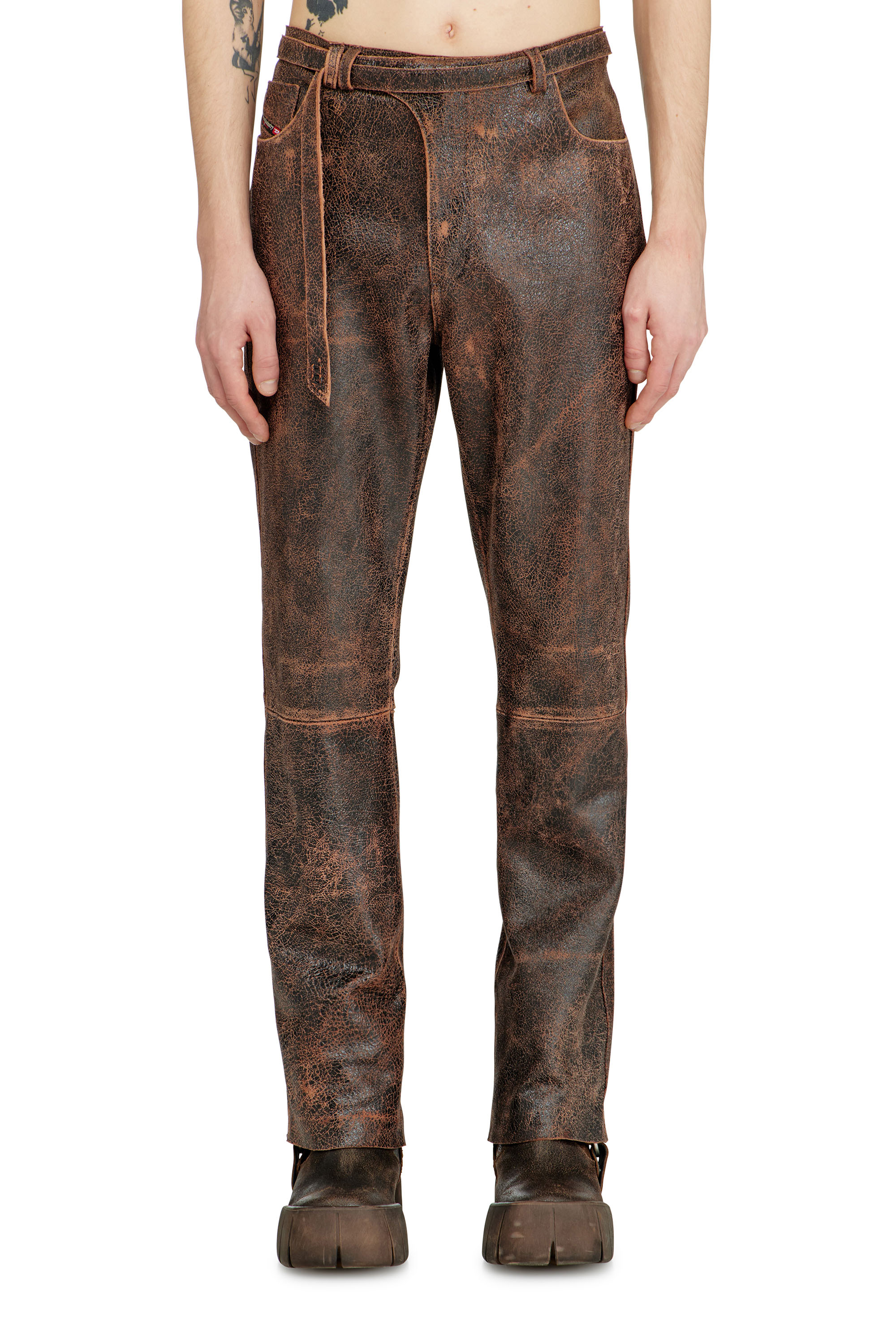 Diesel Men's Brown - Cracked-Leather Pants With Biker Strap Detail - Pants - Man Size 50