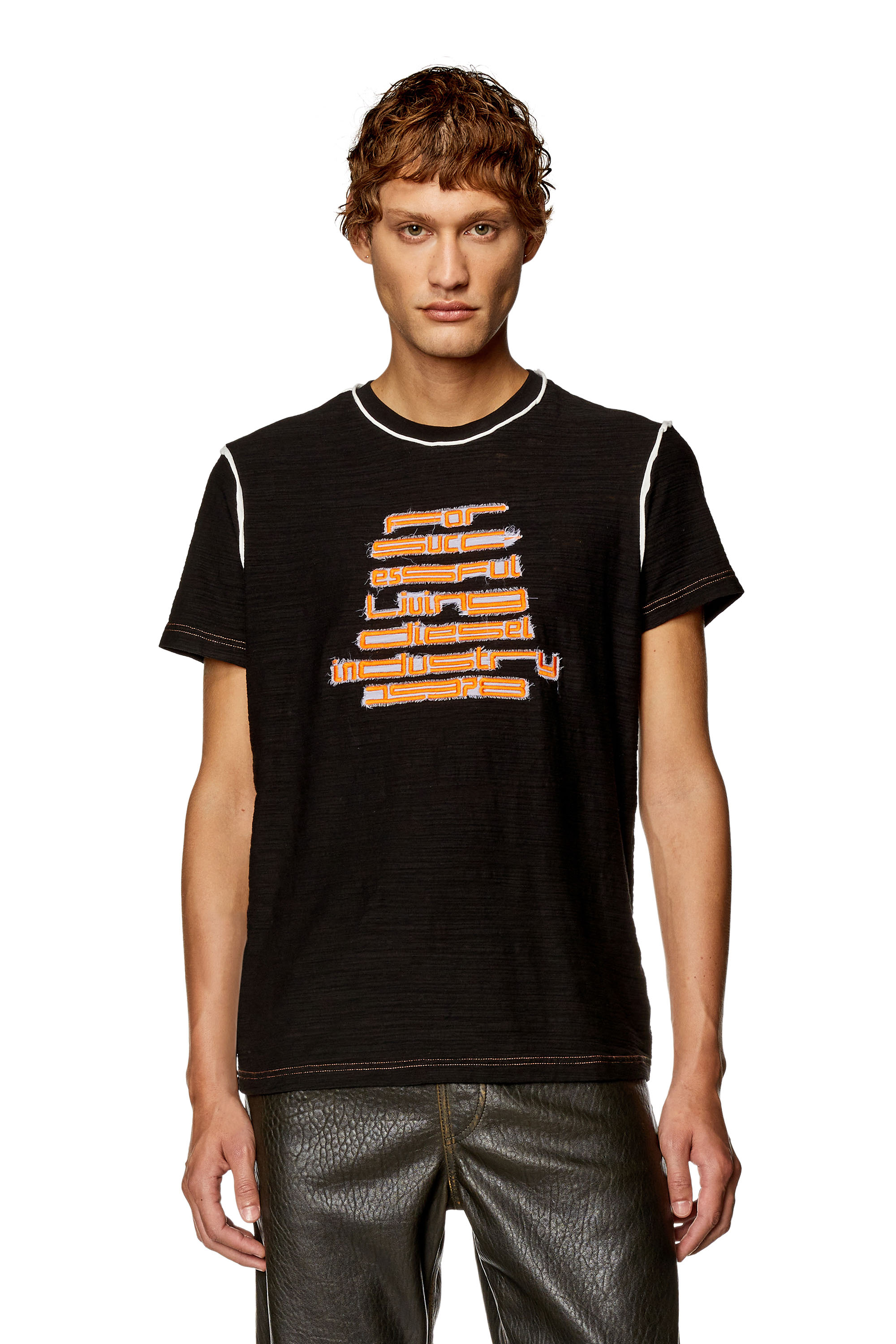Diesel - T-shirt in cotone fiammato con logo ricamato - T-Shirts - Uomo - Nero