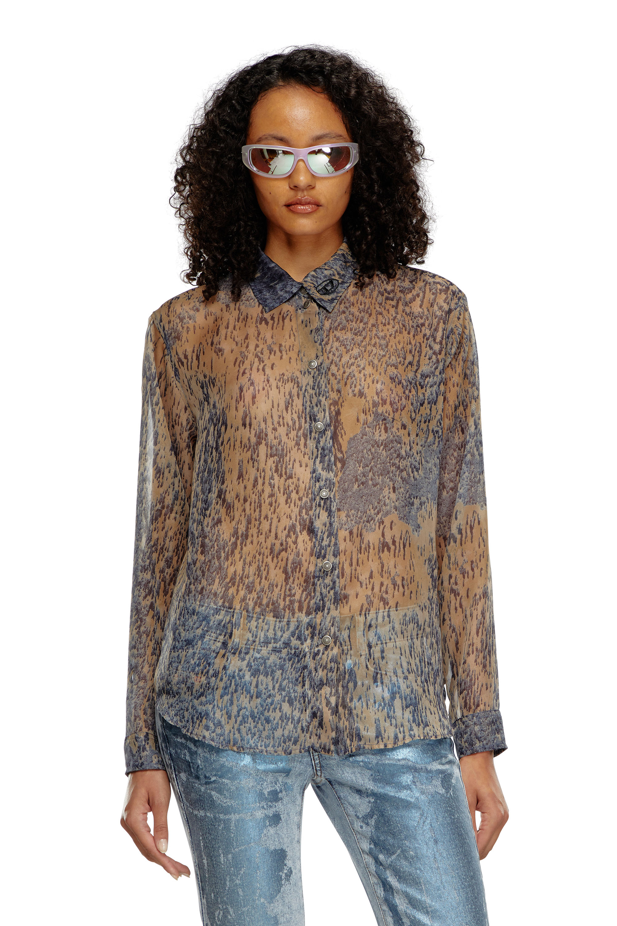 Shop Diesel Sheer Shirt In Printed Chiffon In Multicolor