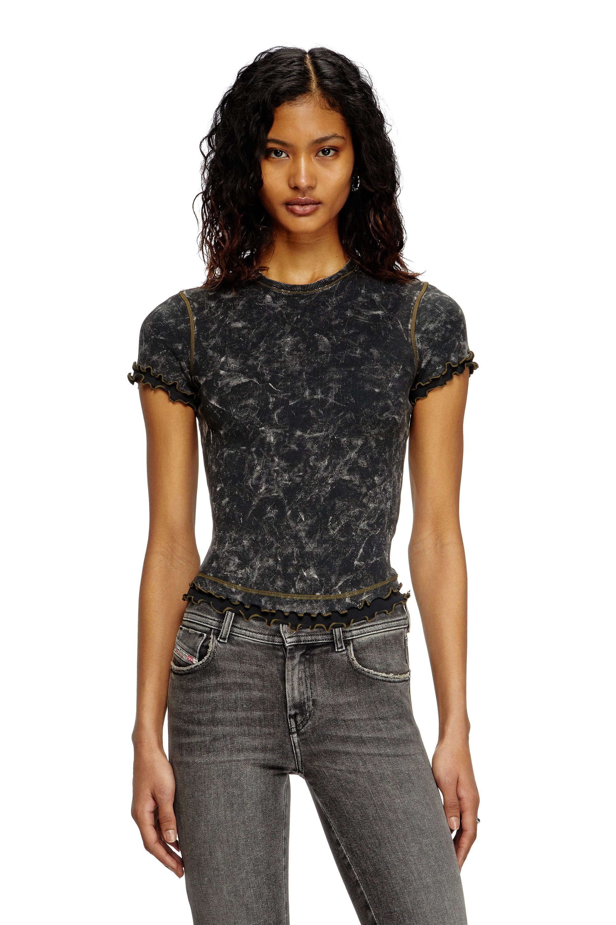 Diesel - Marbled T-shirt with ruffled trims - T-Shirts - Woman - Black