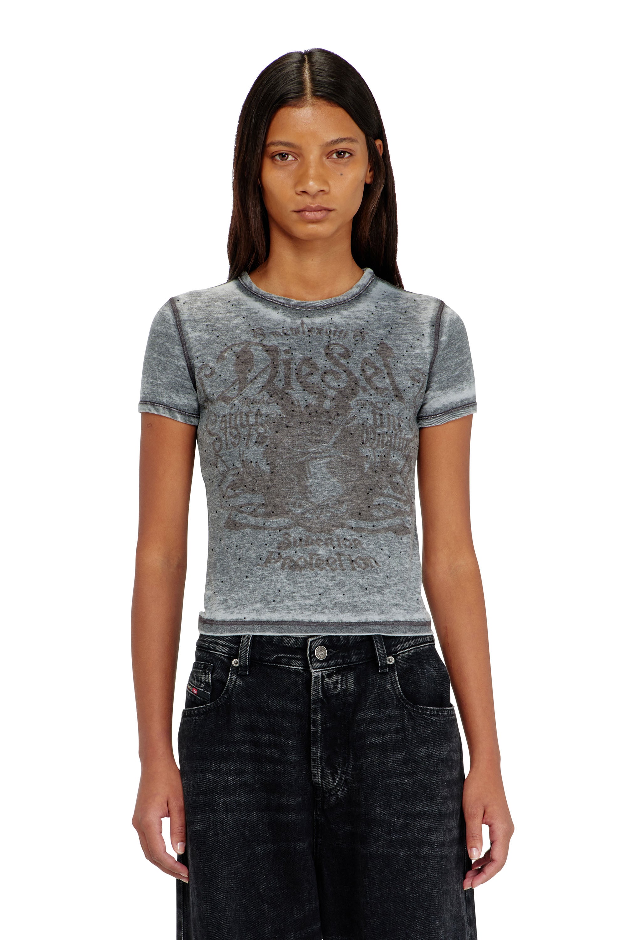 Diesel - Slim jersey T-shirt with print and studs - T-Shirts - Woman - Multicolor
