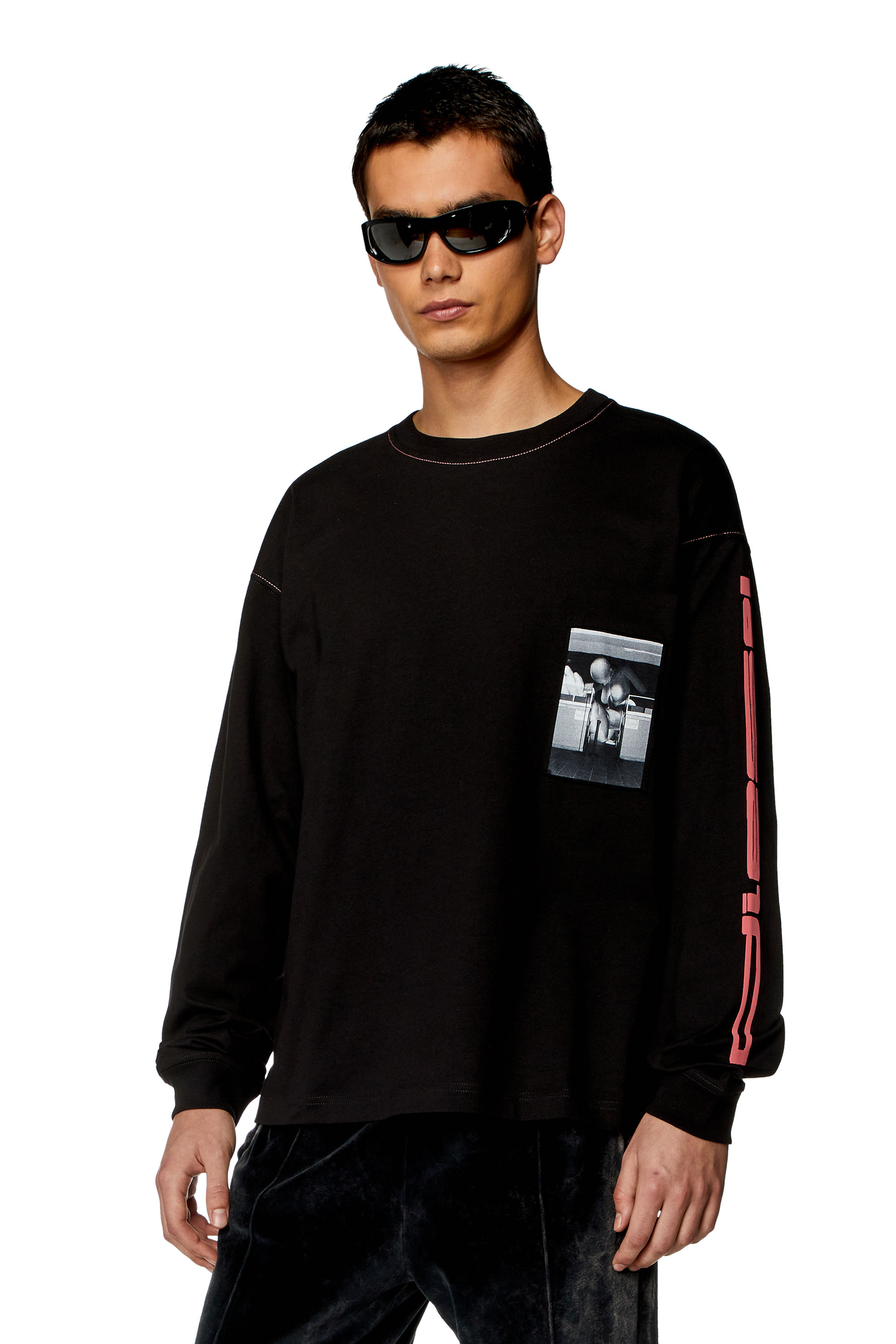 Diesel - Long-sleeve T-shirt with raw-cut patches - T-Shirts - Man - Black