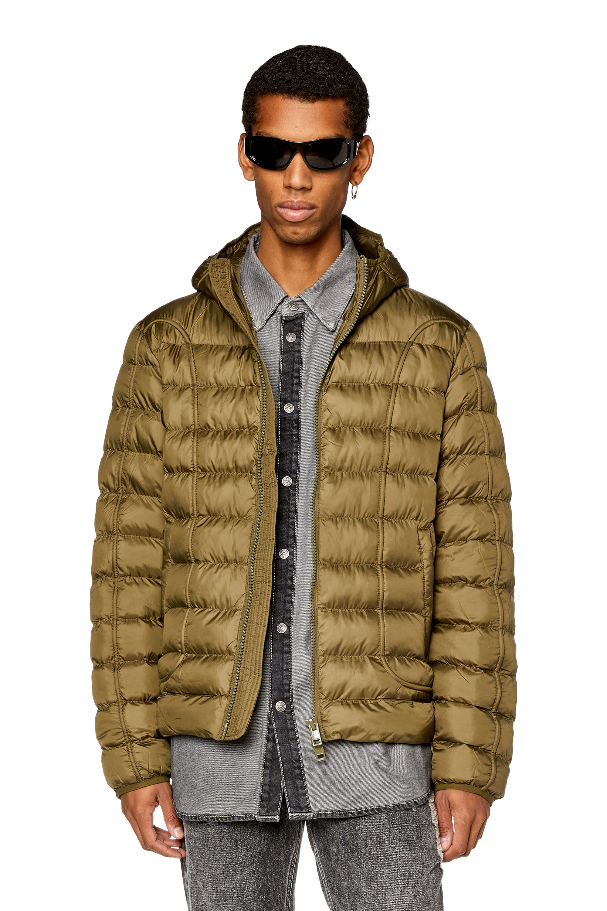 Diesel - Hooded nylon puffer jacket with piping - Winter Jackets - Man - Green