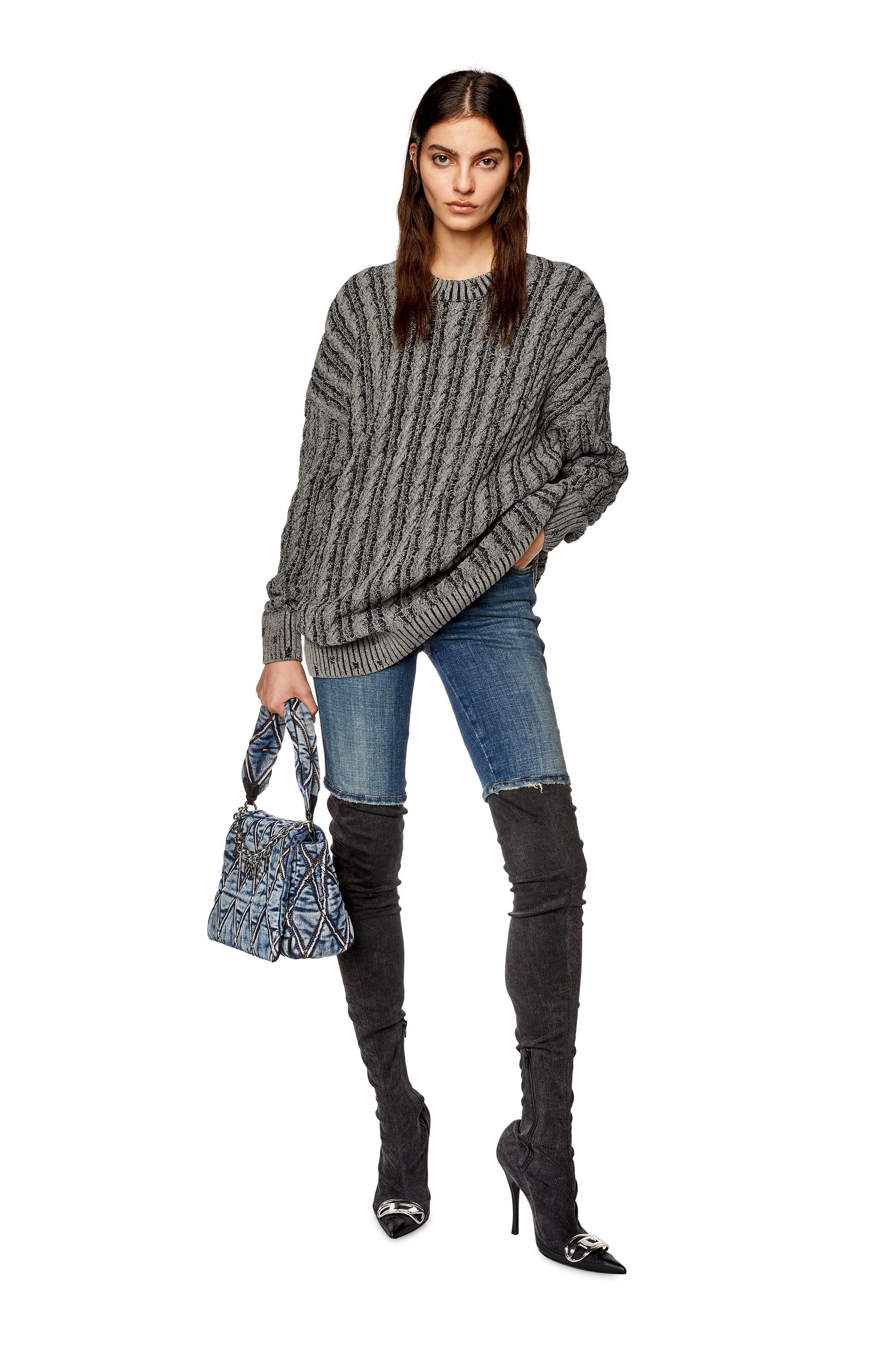 Diesel - Long jumper in two-tone cotton - Knitwear - Woman - Grey