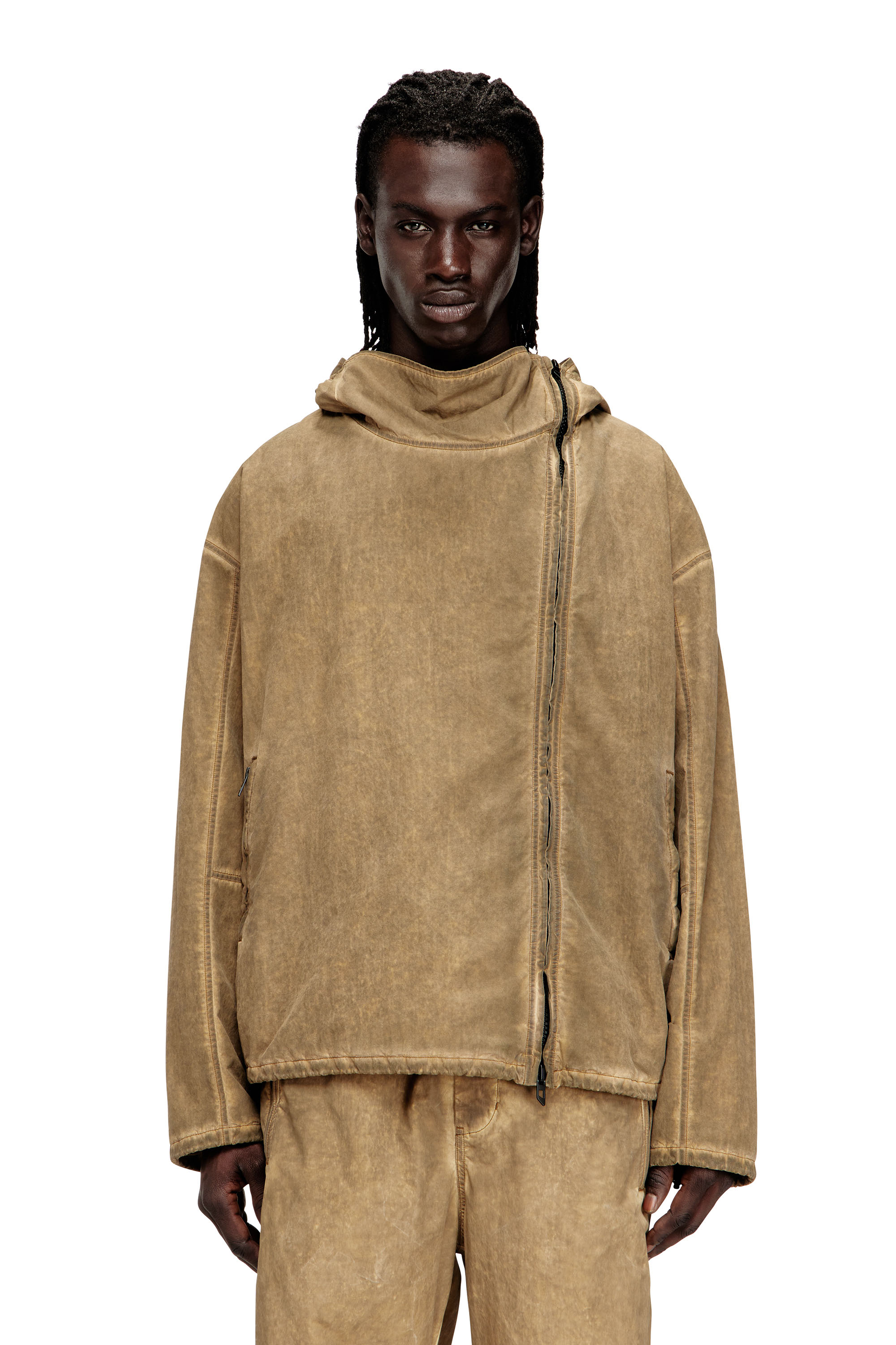 Diesel Homem Bege - Dirt-Effect Hooded Jacket In Taslan - Jackets - Man Tamanho 46