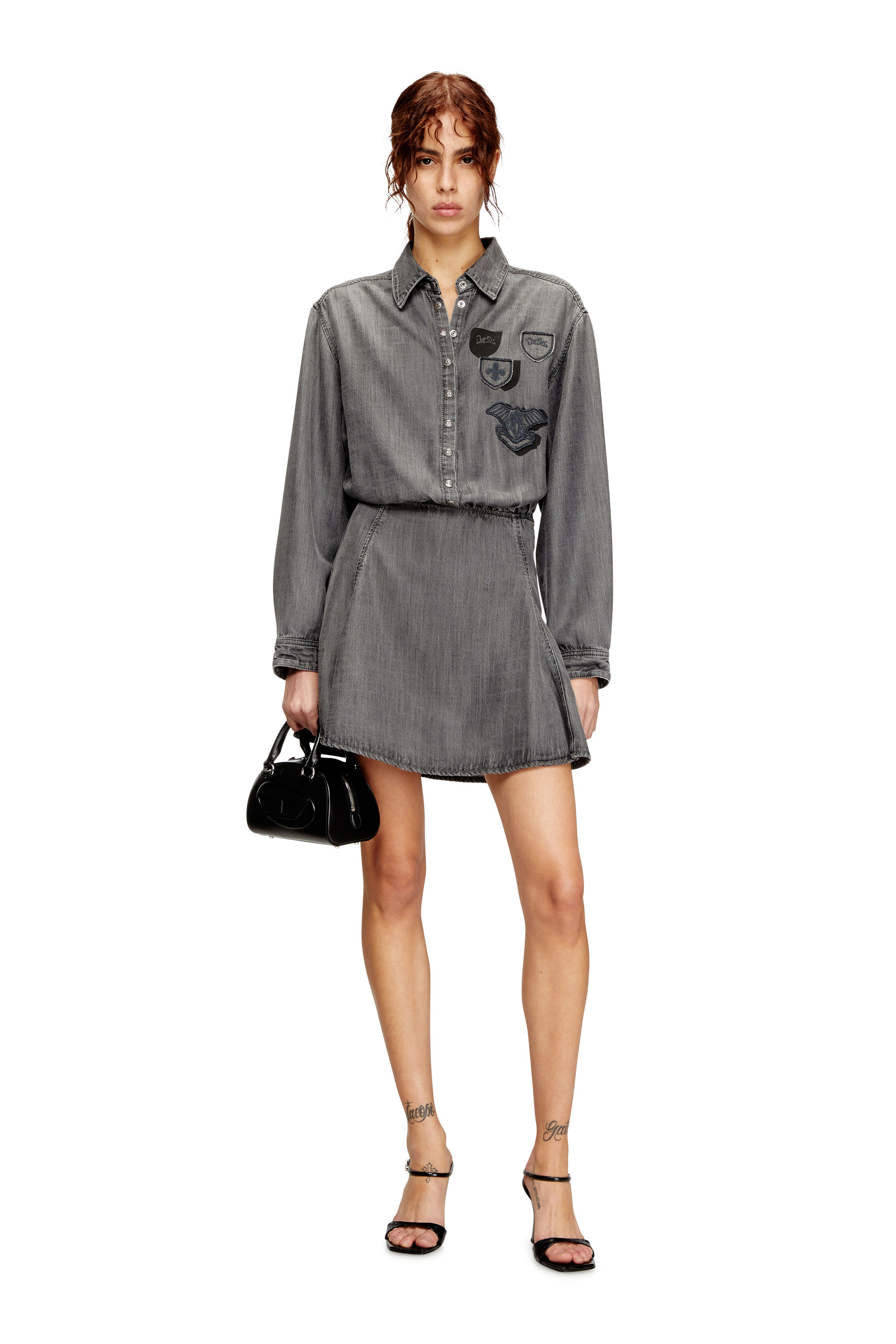 Diesel - DE-DREVIA-S, Woman's Denim dress with embroidered patches in Grey - 1