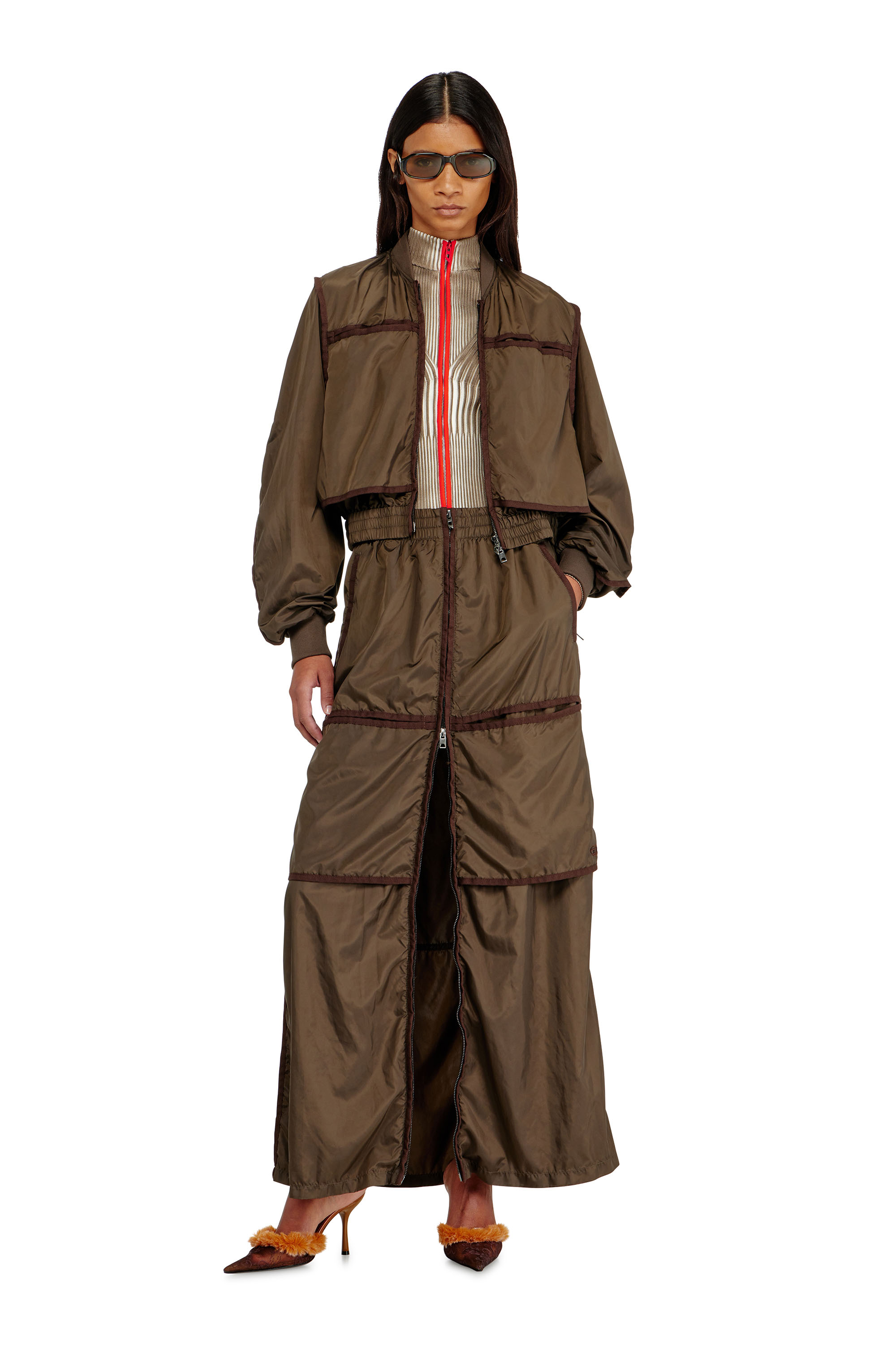 Diesel - O-HYTON, Woman's Windbreaker maxi skirt with front zip in Brown - 1