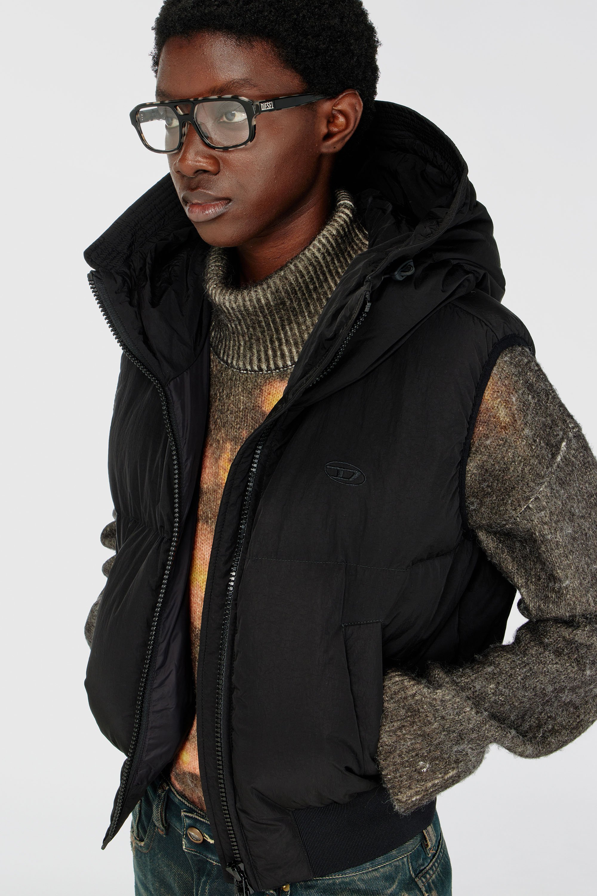 Diesel - Hooded down vest in crinkled nylon - Winter Jackets - Woman - Black