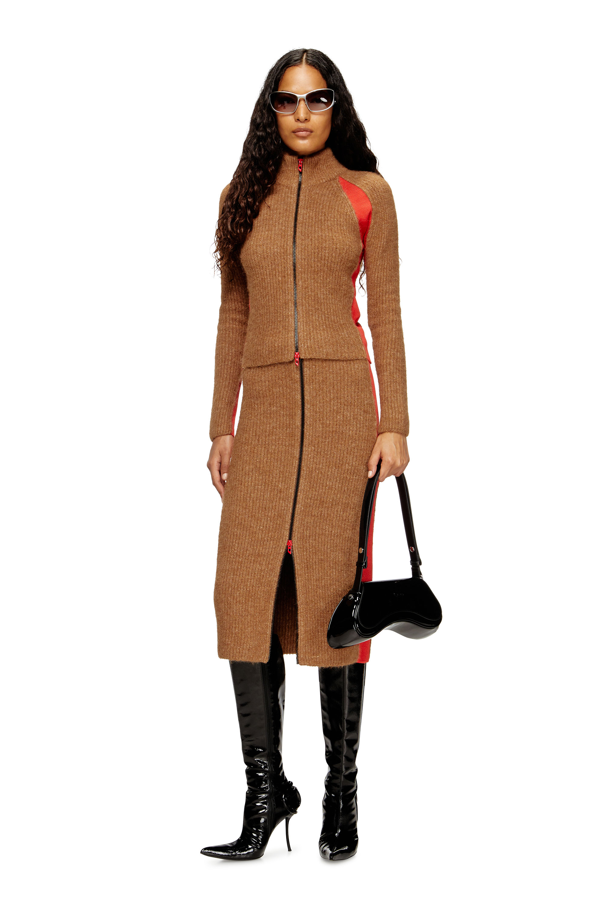 Diesel - M-LOUISE, Woman's Alpaca-blend cardigan with contrast inserts in Brown - 2