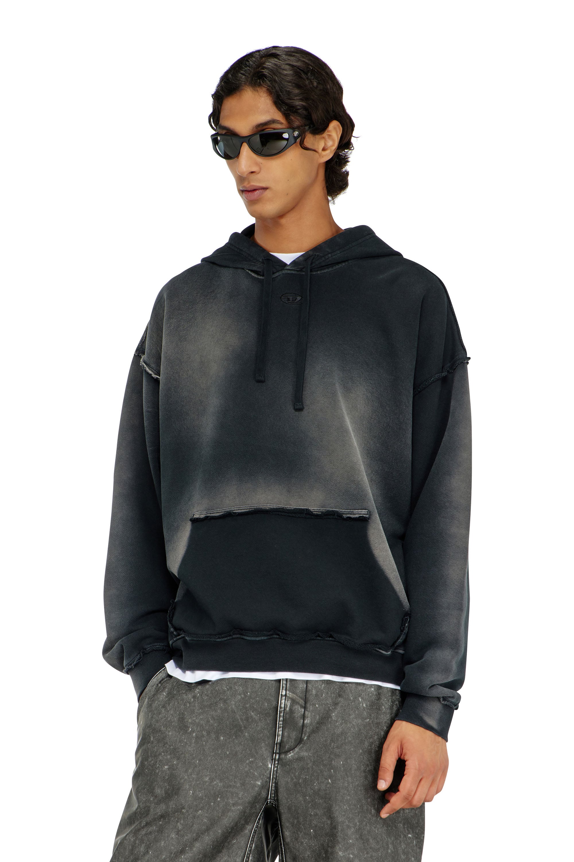 Diesel Herren Schwarz - Verblasster Baumwoll-Hoodie Mit Ausgefransten Details - Sweatshirts Extra Groß