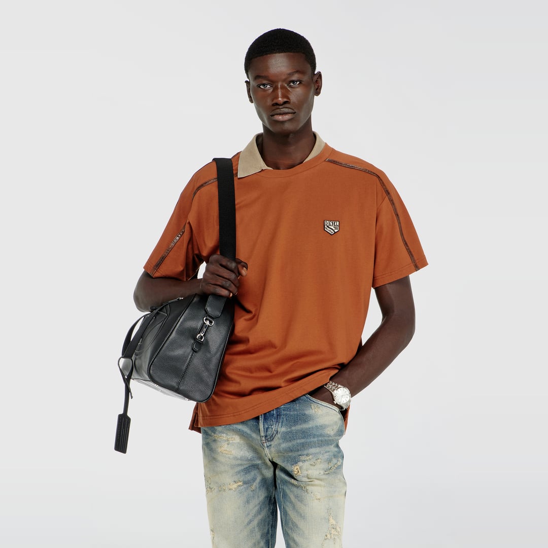 Diesel - T-shirt with contrast trims and logo patch - T-Shirts - Man - Orange