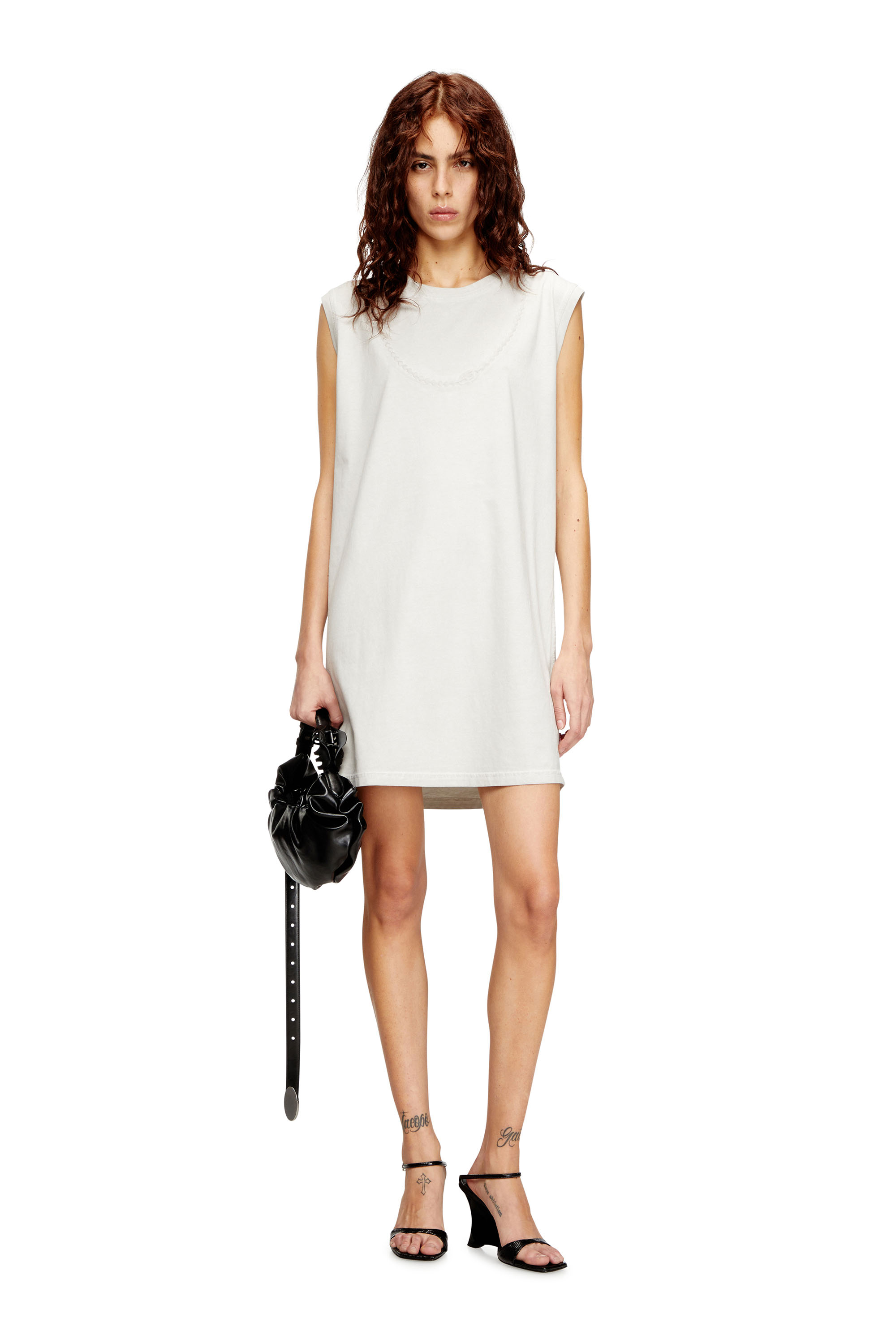 Diesel - D-EMB, Woman's Short cotton dress with embossed chain in White - 1