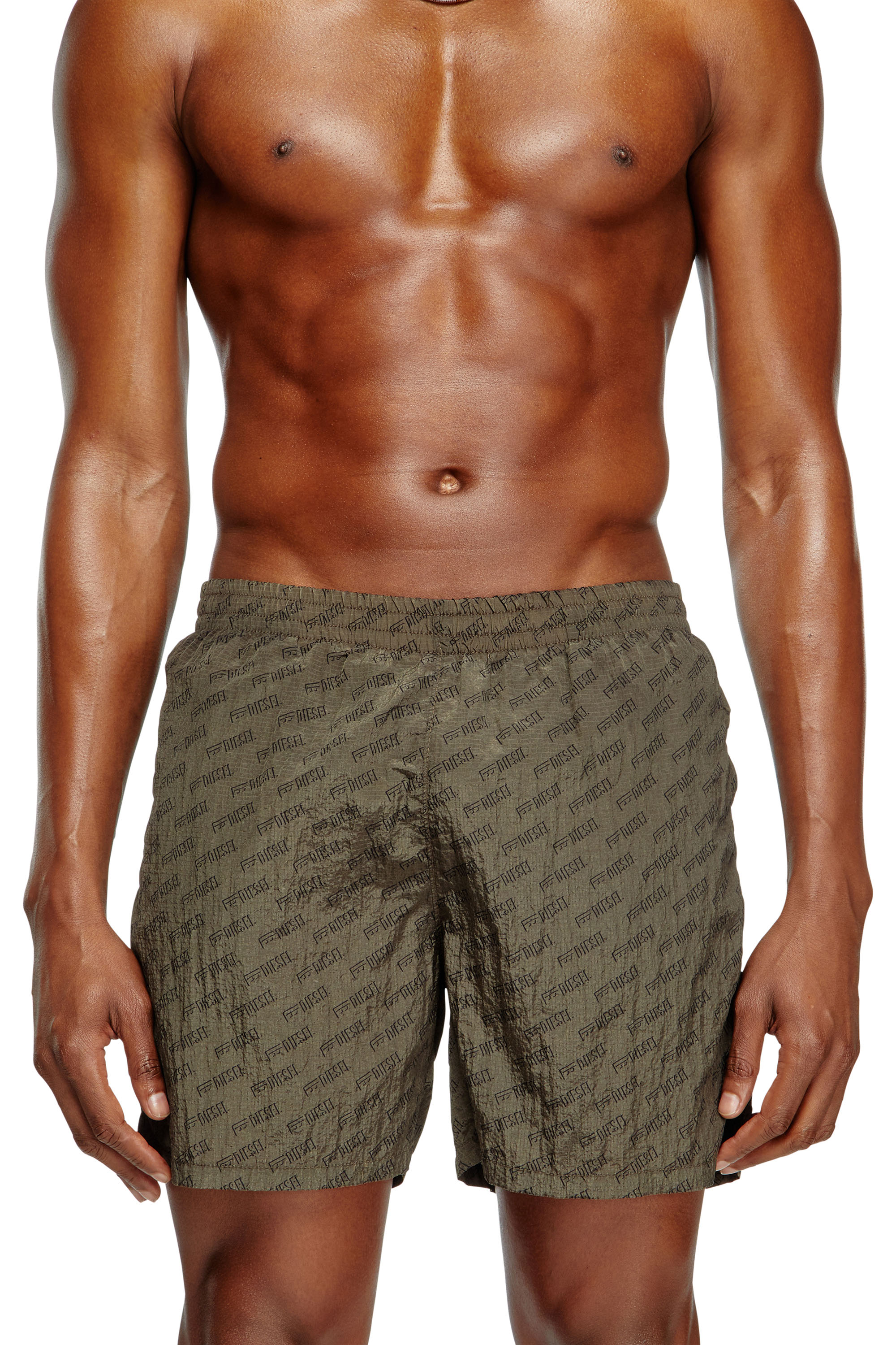 Diesel Men's Brown - Mid-Length Swim Shorts With All-Over Logo - Swim Shorts - Man Medium