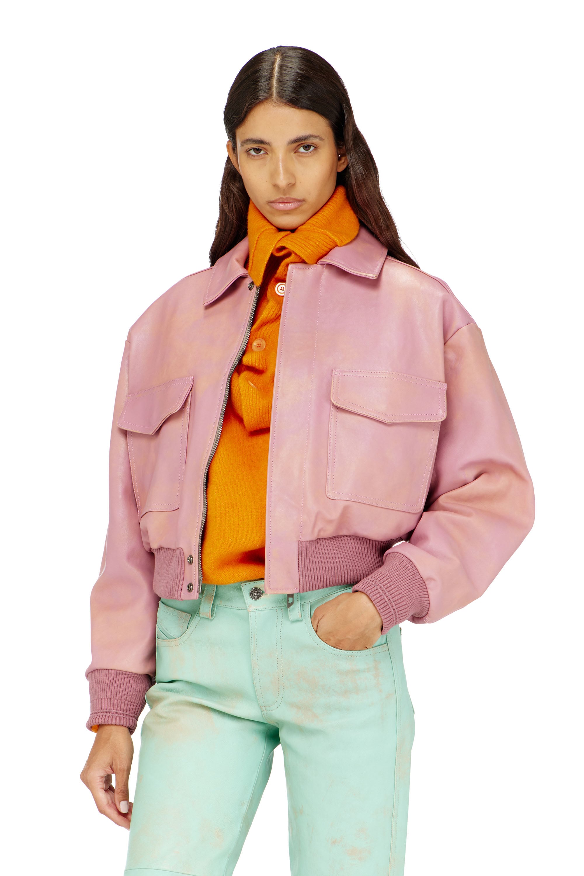 Diesel - Aviator jacket in treated leather - Leather jackets - Woman - Pink