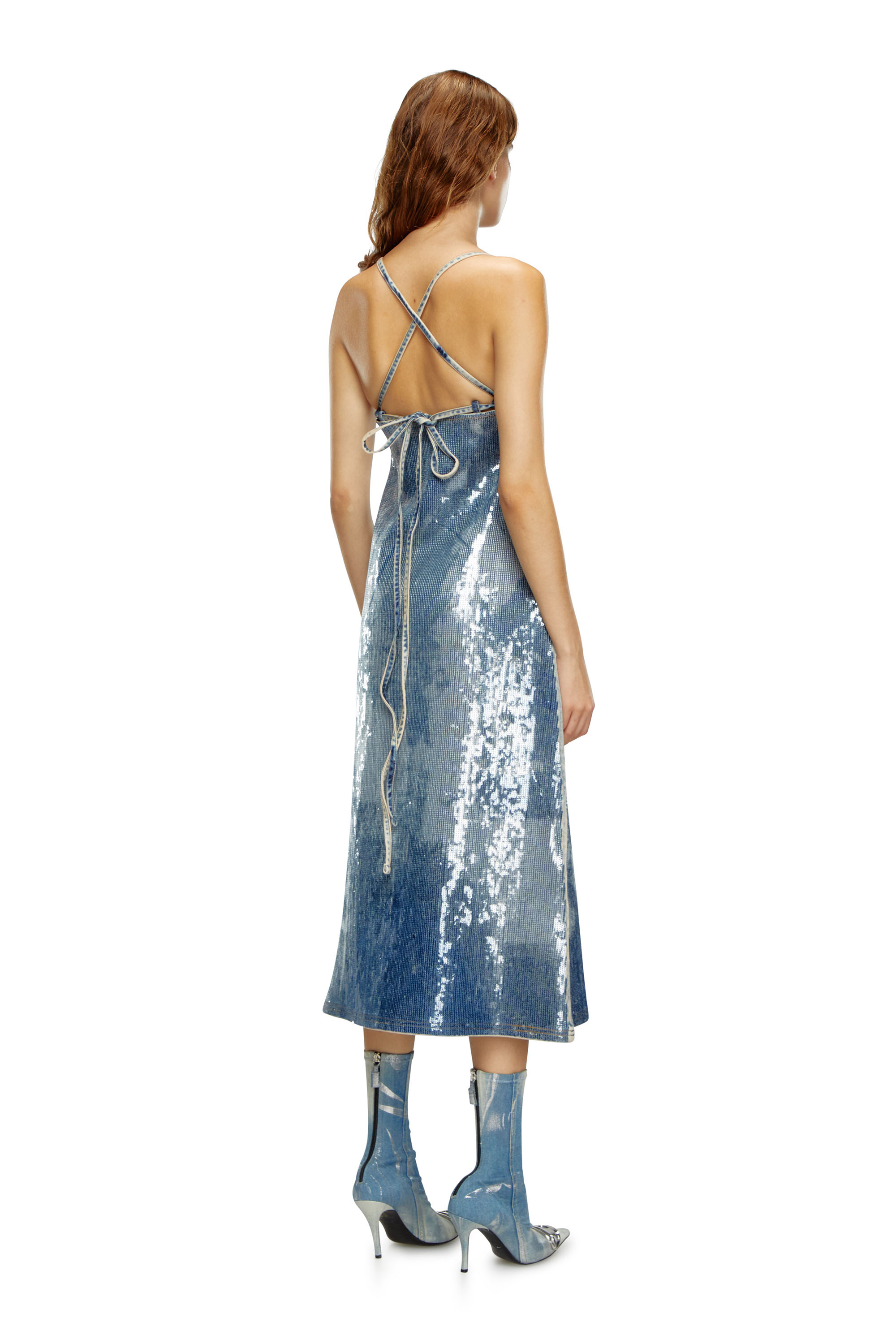 DIESEL STRAPPY DENIM MIDI DRESS WITH SEQUINS 