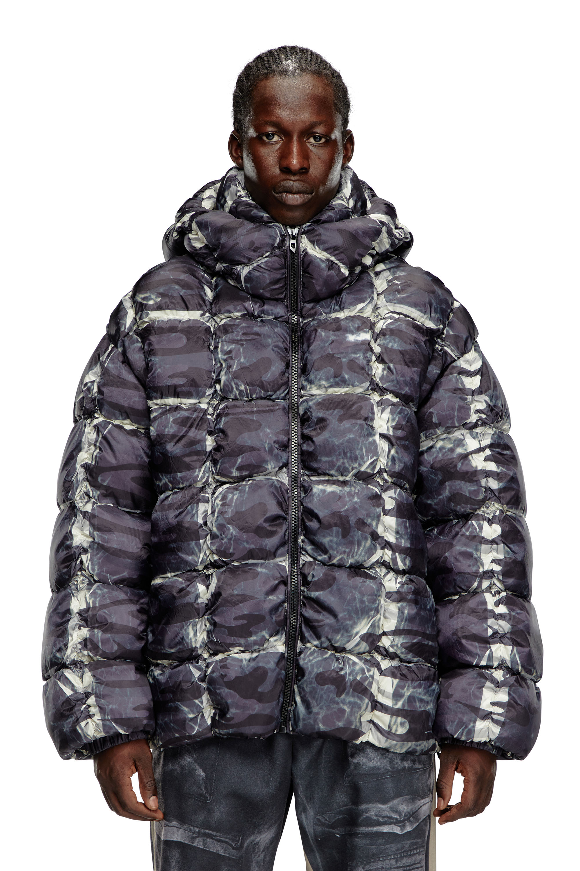 DIESEL HOODED PUFFER JACKET WITH CAMO PRINT 