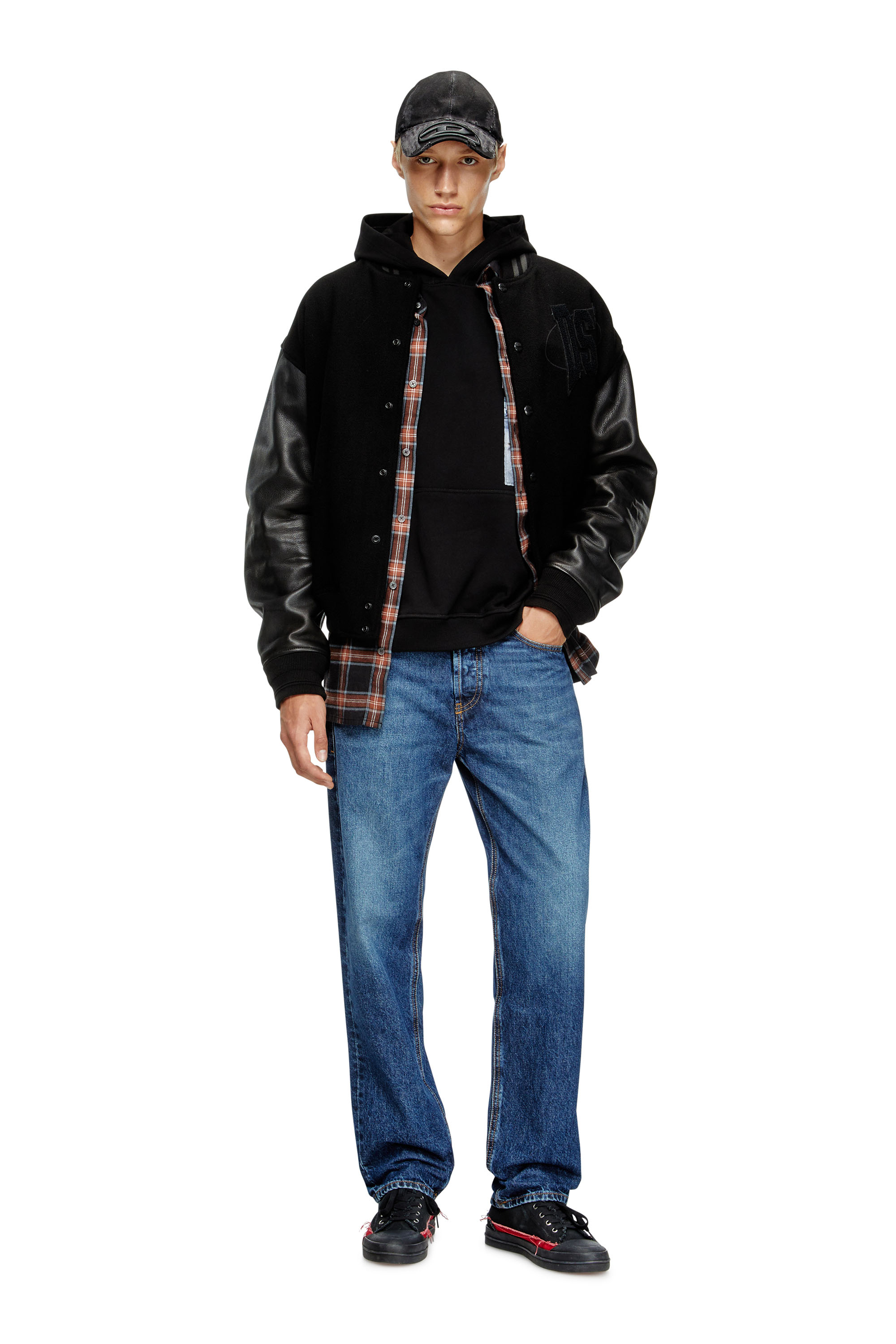 Diesel - L-NYMAN, Man's Varsity bomber jacket in cotton and leather in Black - 2