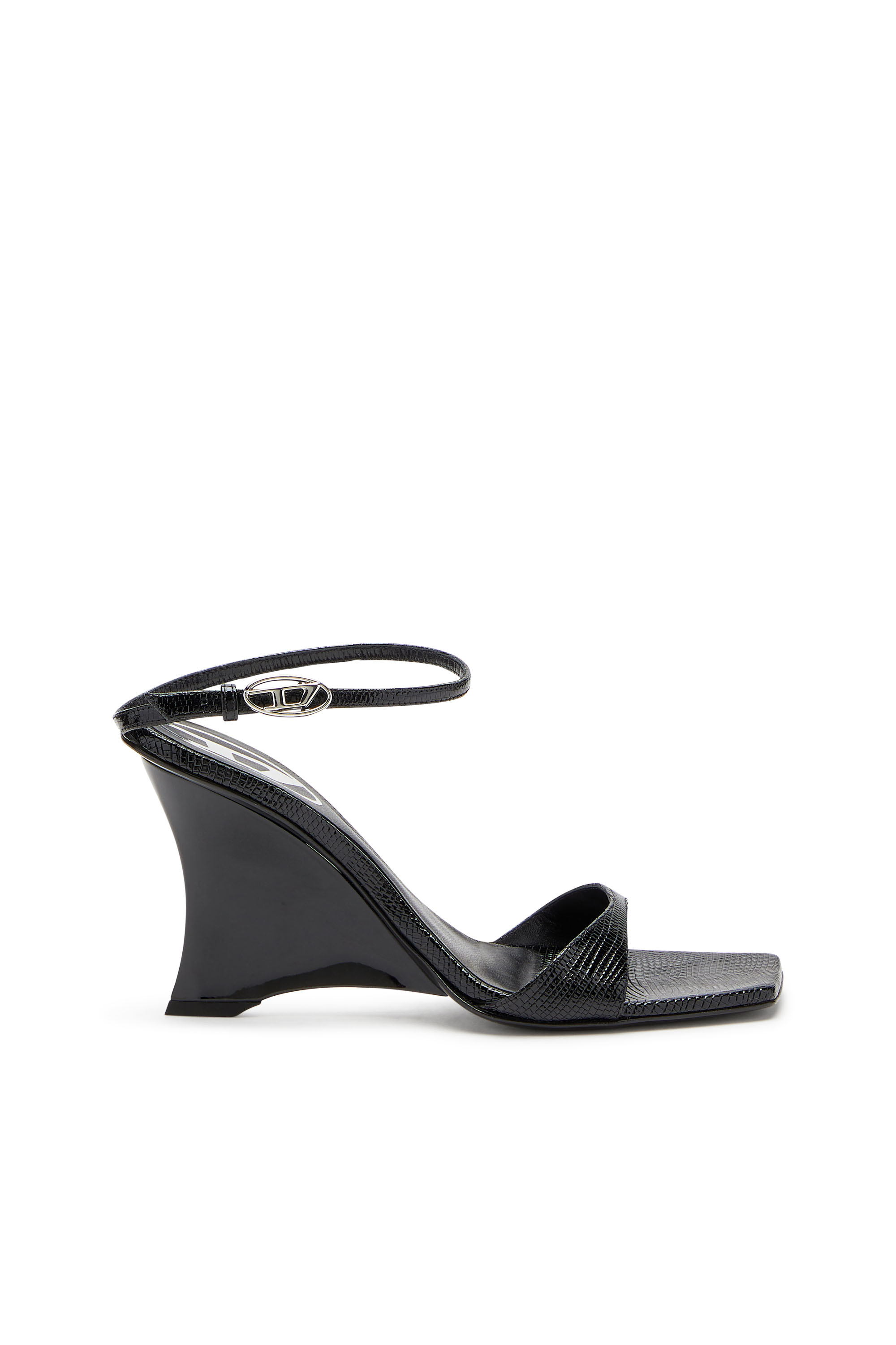 Diesel D-amber-wedge Sandals In Lizard-effect Leather In Black