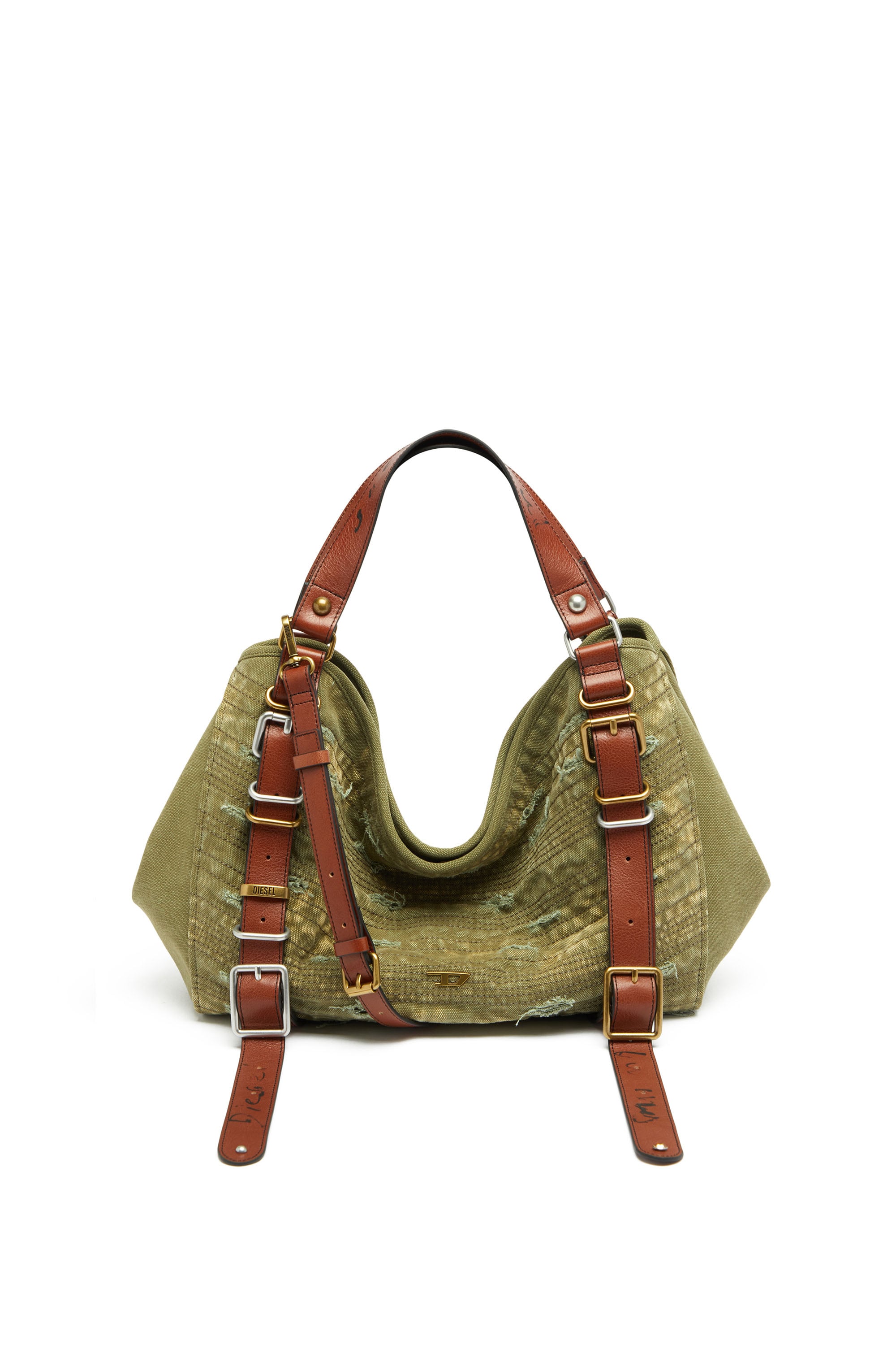 Diesel - D-One-Medium top-handle bag in distressed canvas - Handbags - Unisex - Green