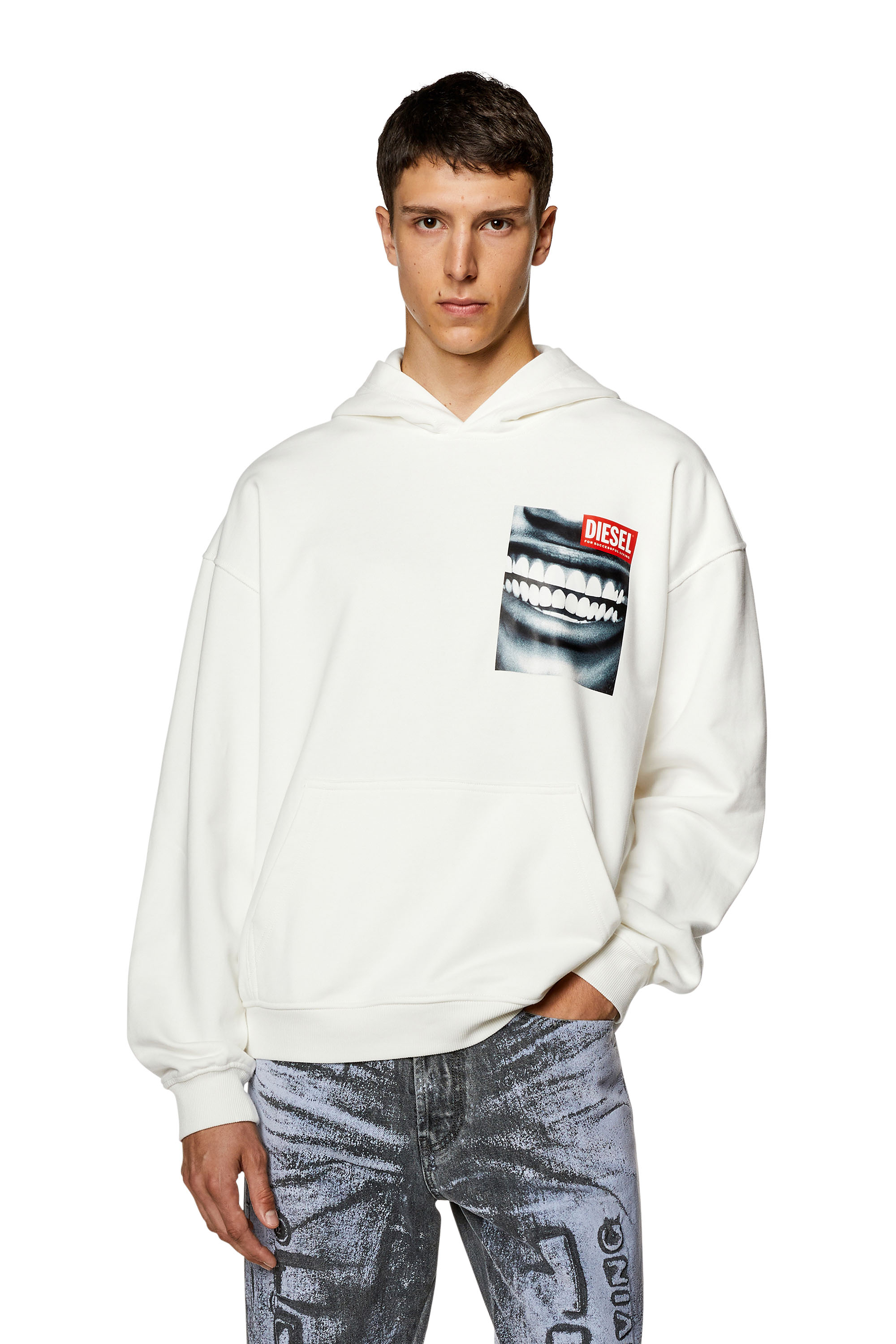 Diesel - Sweat-shirt à capuche avec imprimé Smile en gros plan - Pull Cotton - Homme - Blanc
