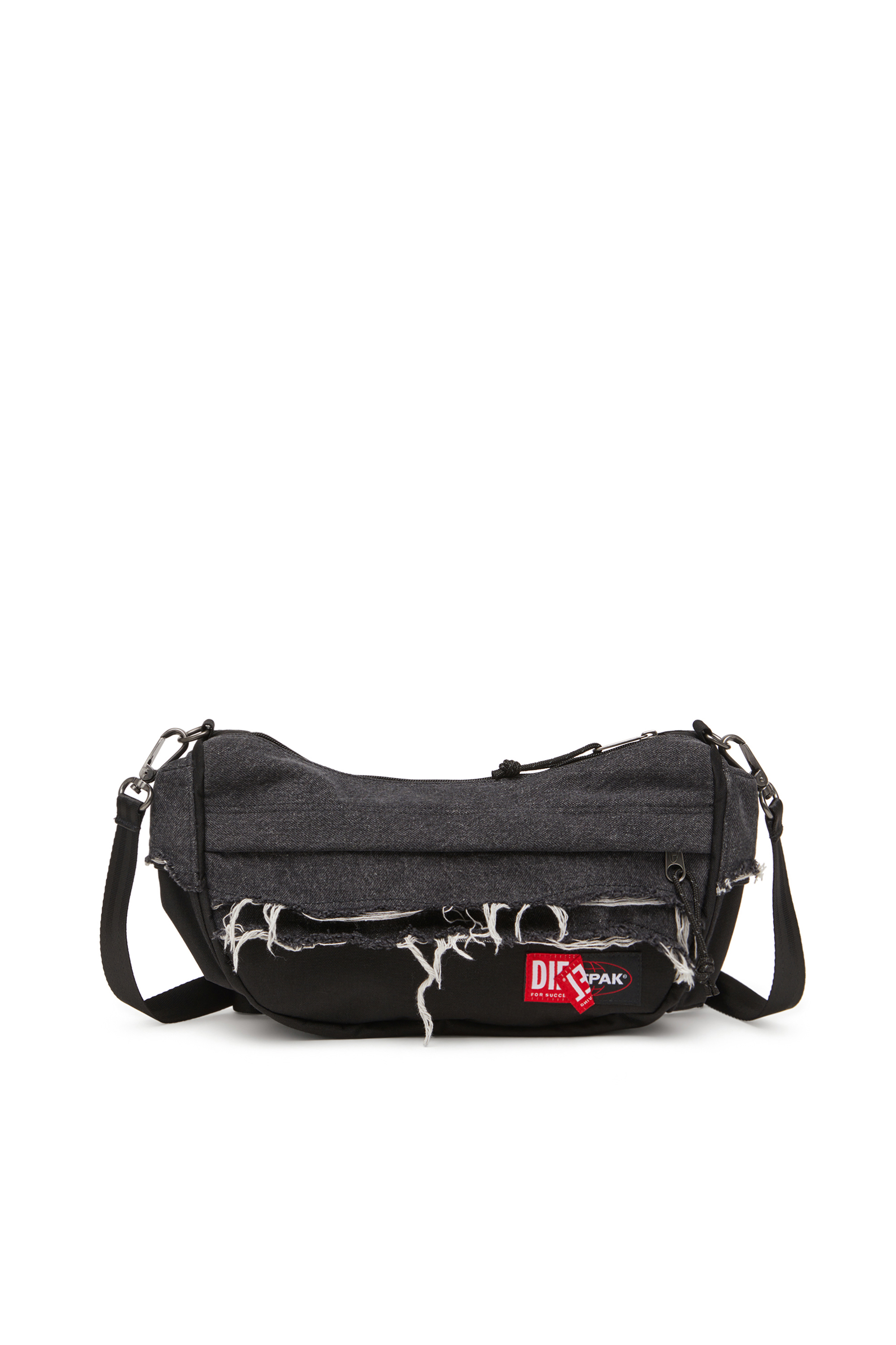Diesel Shoulder Bag In Destroyed Denim And Cordura In Black