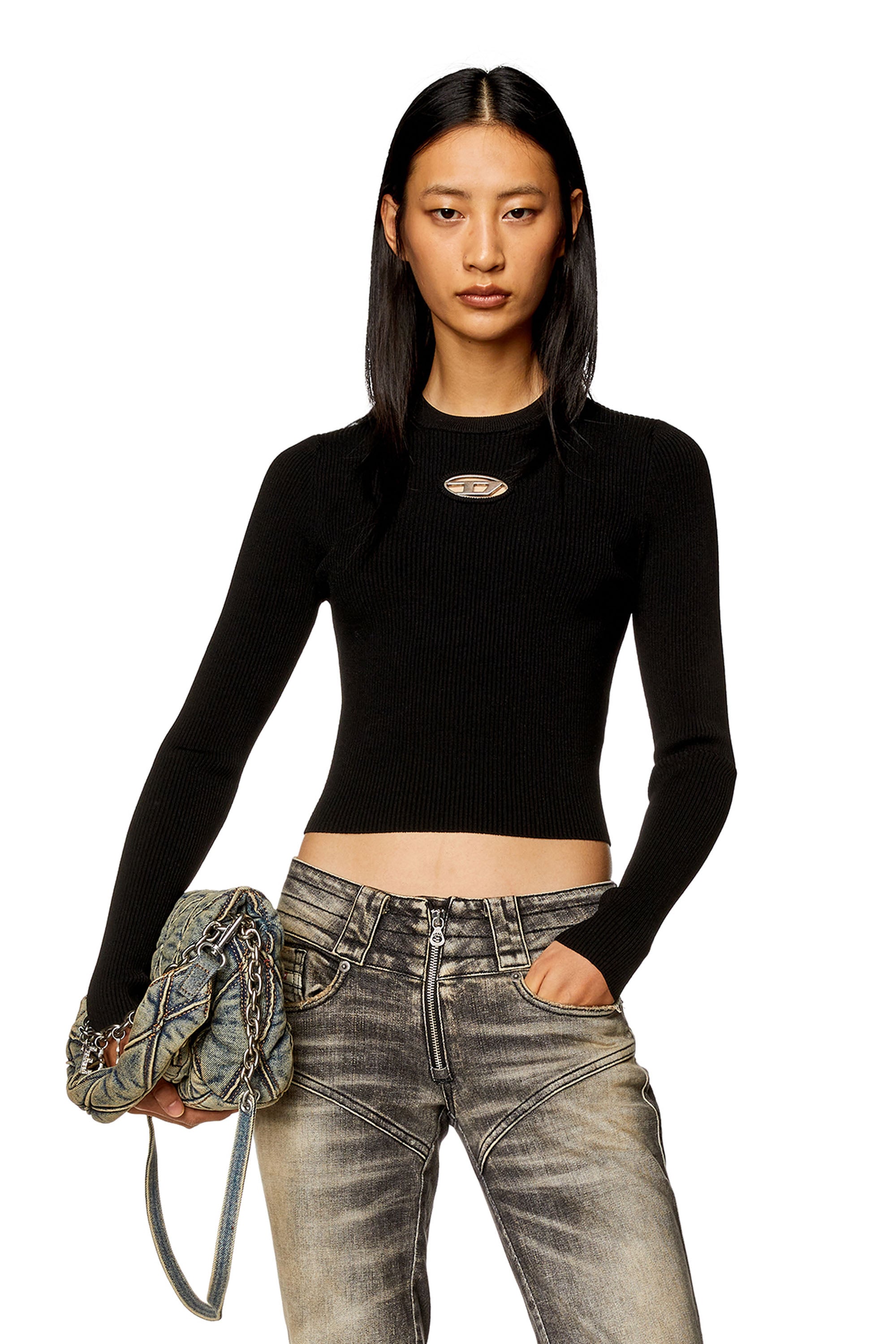 Diesel, Ribbed-knit long-sleeve top, T-Shirts, Woman in Black