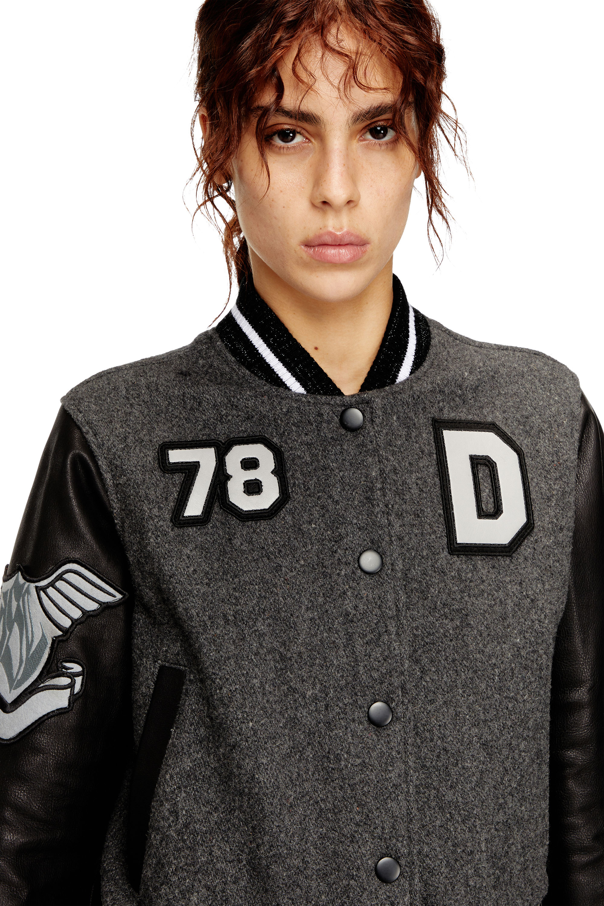 Diesel - L-REAL-CP, Woman's Cropped varsity jacket in wool and leather in Black/Grey - 5