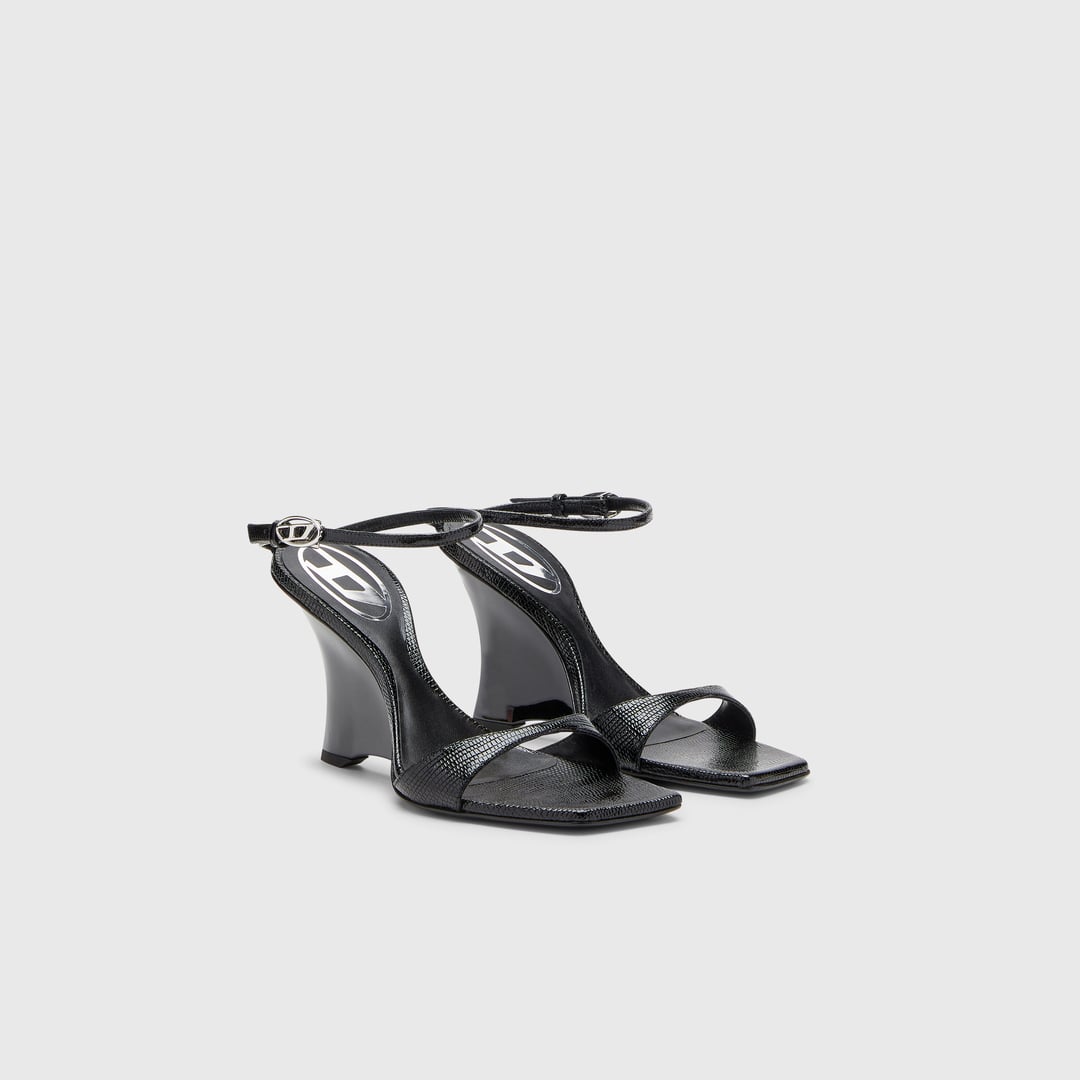 Diesel - D-Amber-Wedge sandals in lizard-effect leather - Sandals - Woman - Black