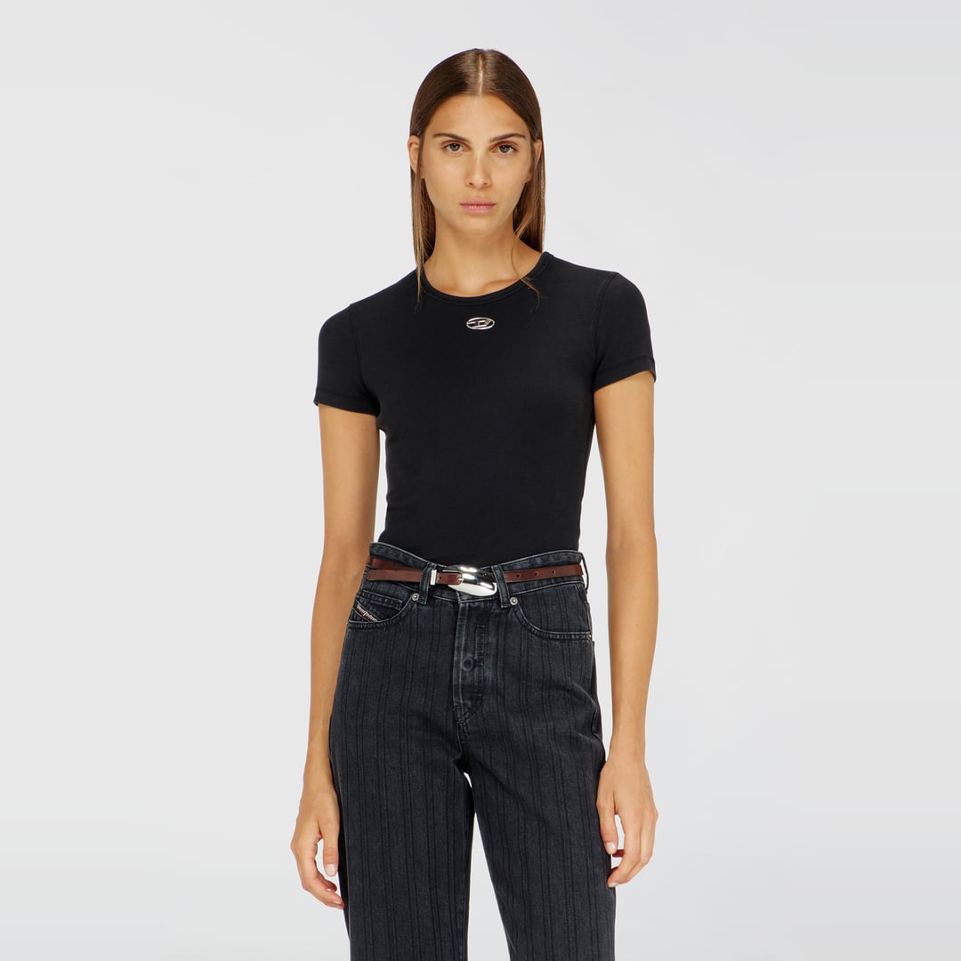 Diesel - Slim ribbed T-shirt with metallic Oval D - T-Shirts - Woman - Black