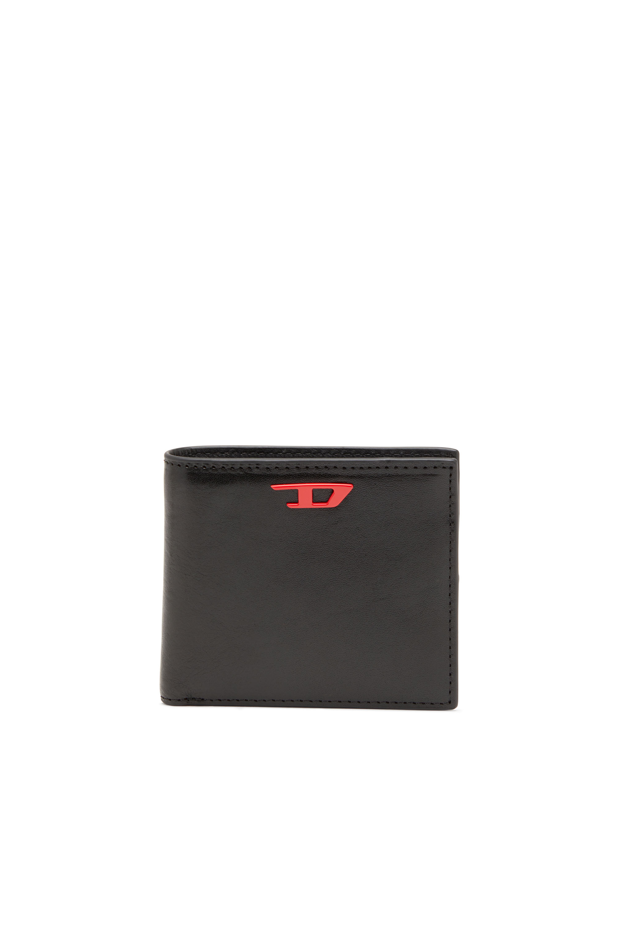 Diesel - Leather bi-fold wallet with red D plaque - Small Wallets - Man - Black