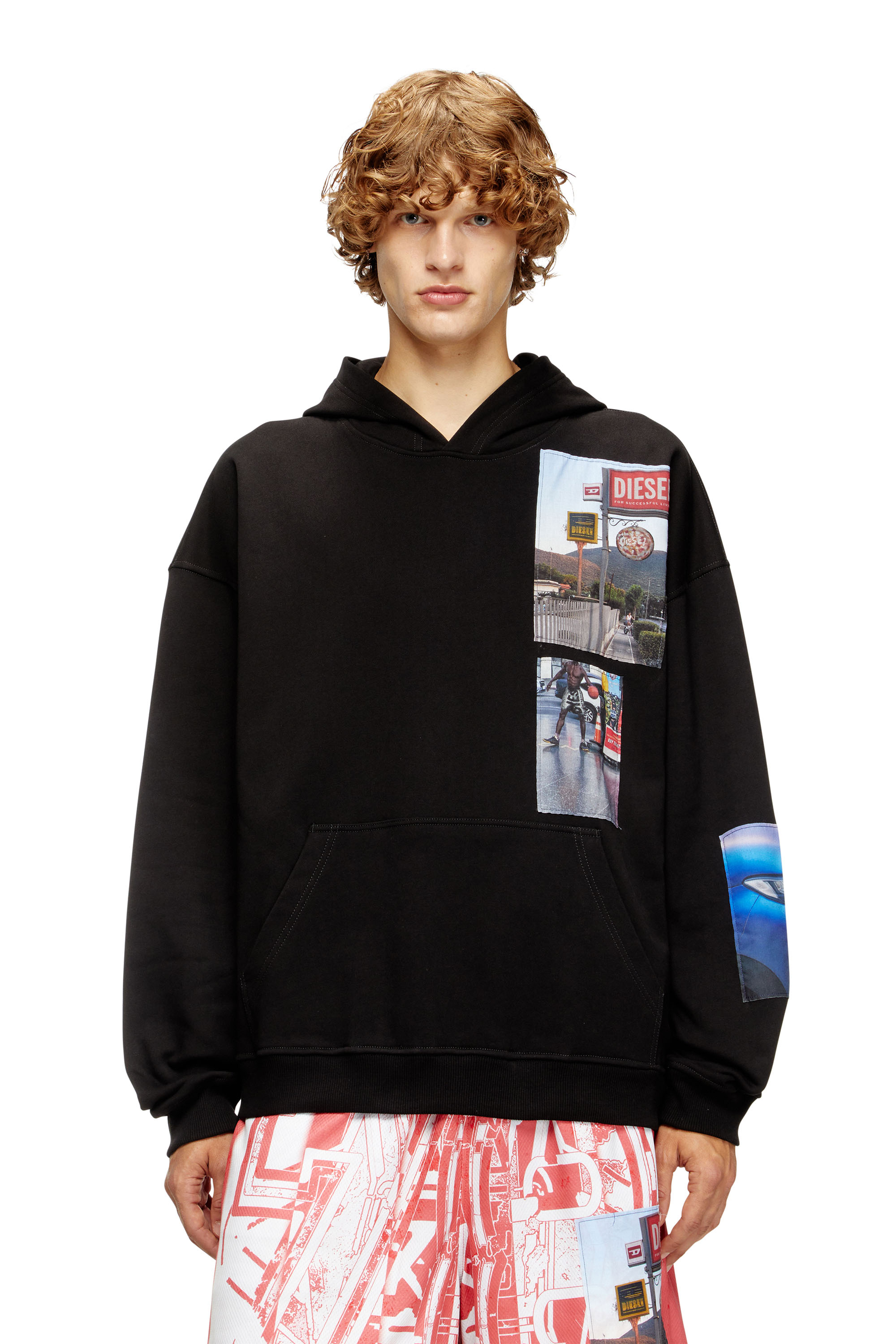 Diesel Mužský Čierna - Hoodie With Logo Photo Patches - Sweaters - Man Extra Malý