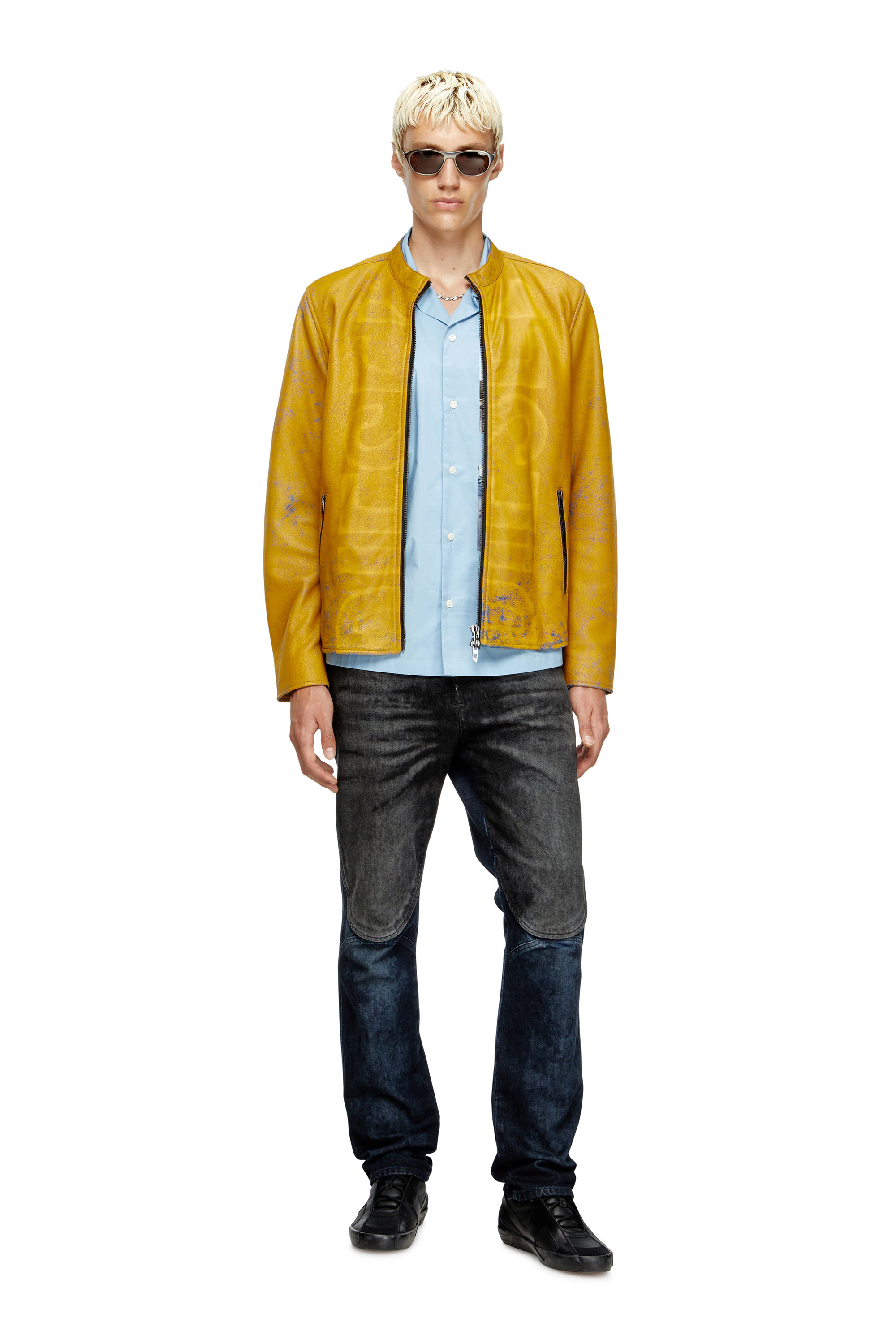 Diesel - L-EVERT-A, Man's Treated leather biker jacket with faded logo in Yellow - 2