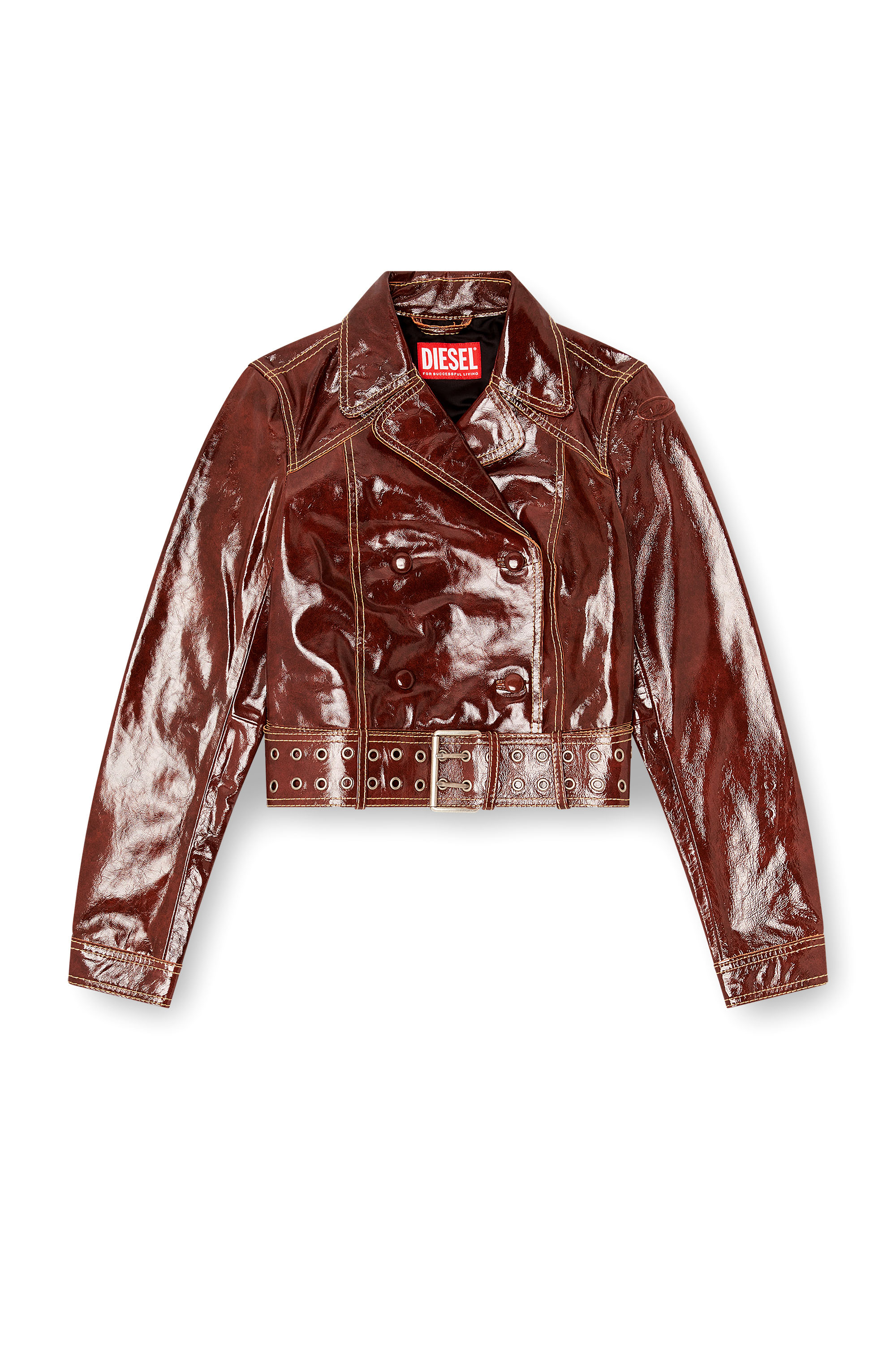 Diesel - L-EGEND, Woman's Patent-leather jacket with large belt in Brown - 3