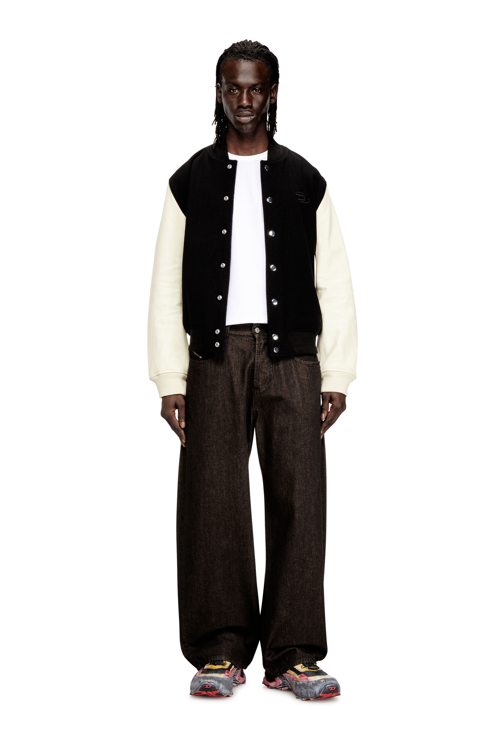 Diesel - L-ARRY-WRD, Man's Bomber jacket in wool blend and leather in Black/White - 2