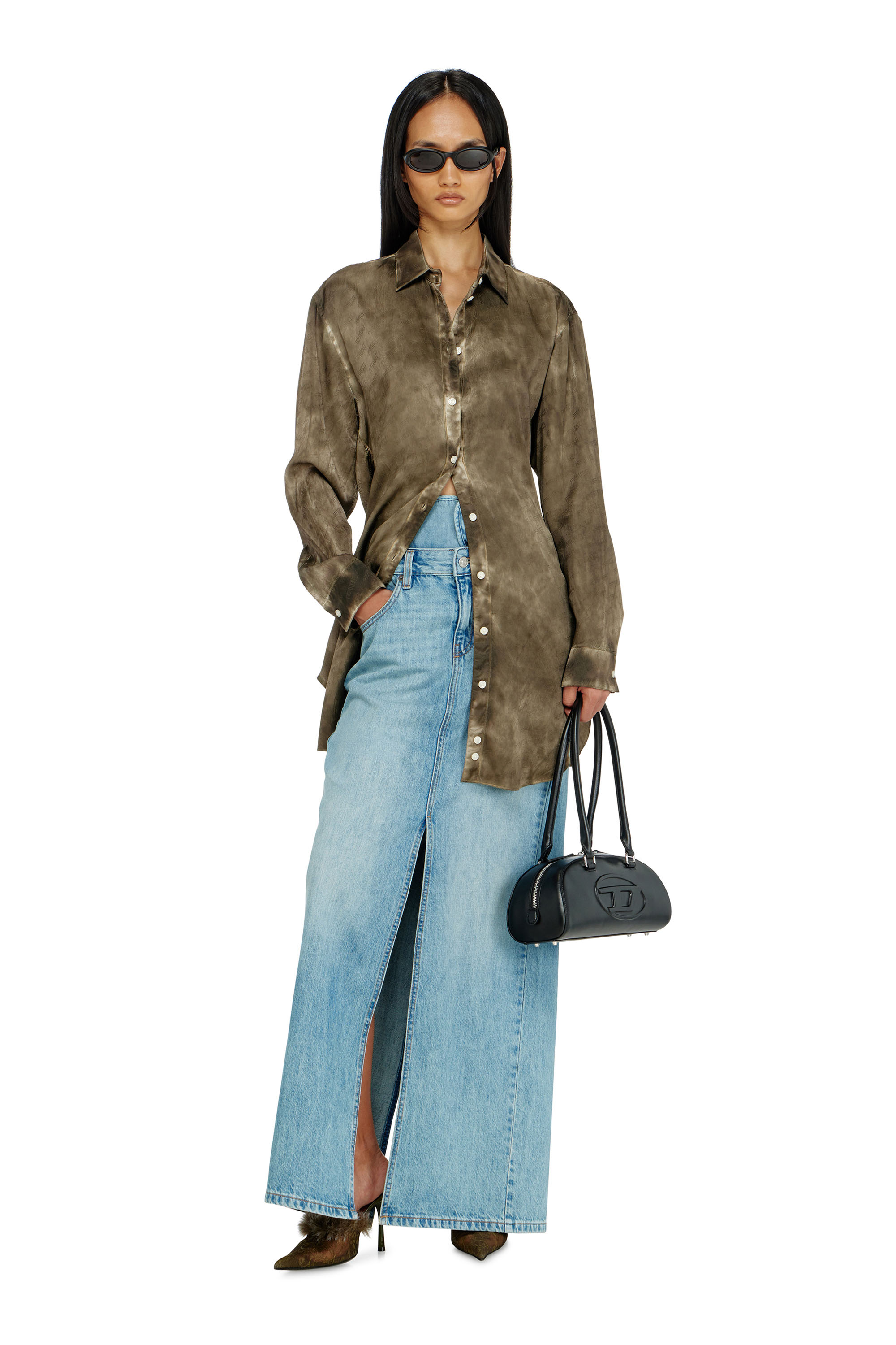 Diesel - C-LAVEL, Woman's Long shirt in logo-jacquard crinkled satin in Military Green - 1