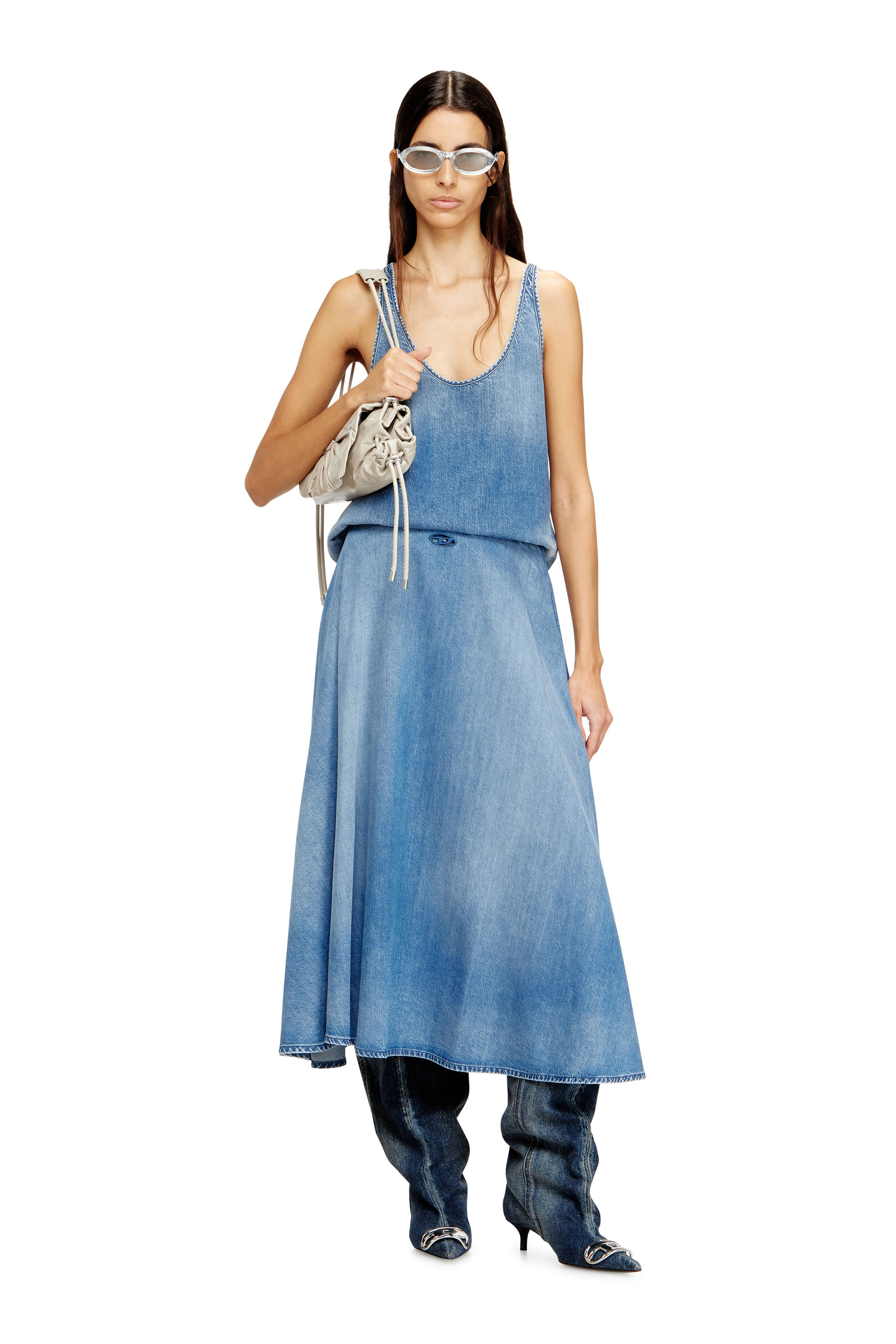 Diesel - DE-ANNIE-S3, Woman's Full skirt in fluid denim in Light Blue - 1